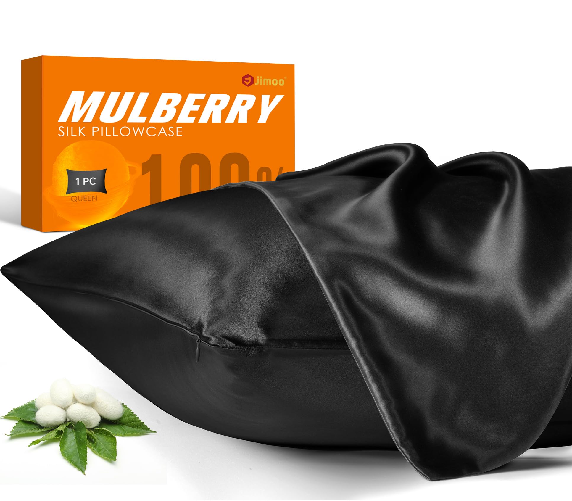 100% Mulberry Silk Pillowcase for Hair and Skin, 22 Momme Natural Silk Pillow Case with Zipper, Both Sided Pure Silk Pillow Cover for Women Mom Men (Black, Queen 20''×30'')