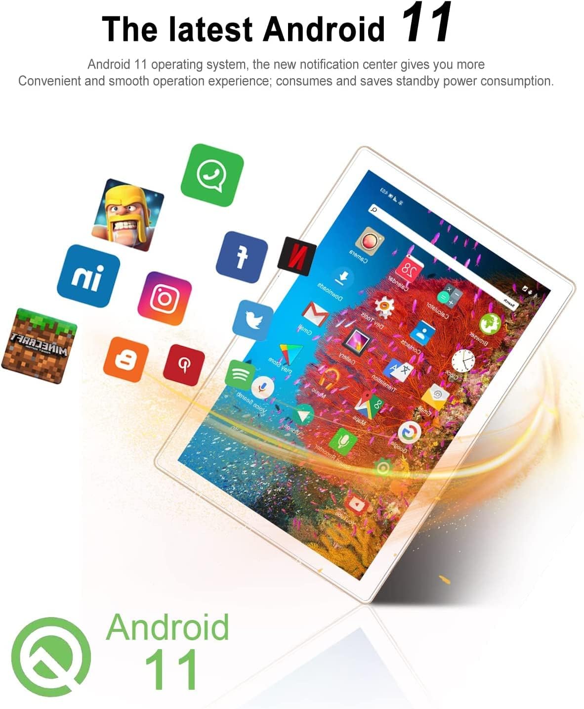 AOYODKG Tablet 10 Inch, Android Tablet Newest Octa-core Processor, 64GB ROM + 4GB RAM Storage, 256GB Expandable, 2 in 1 Tablet with WiFi, GPS, 1920x1200 HD Display -Gold