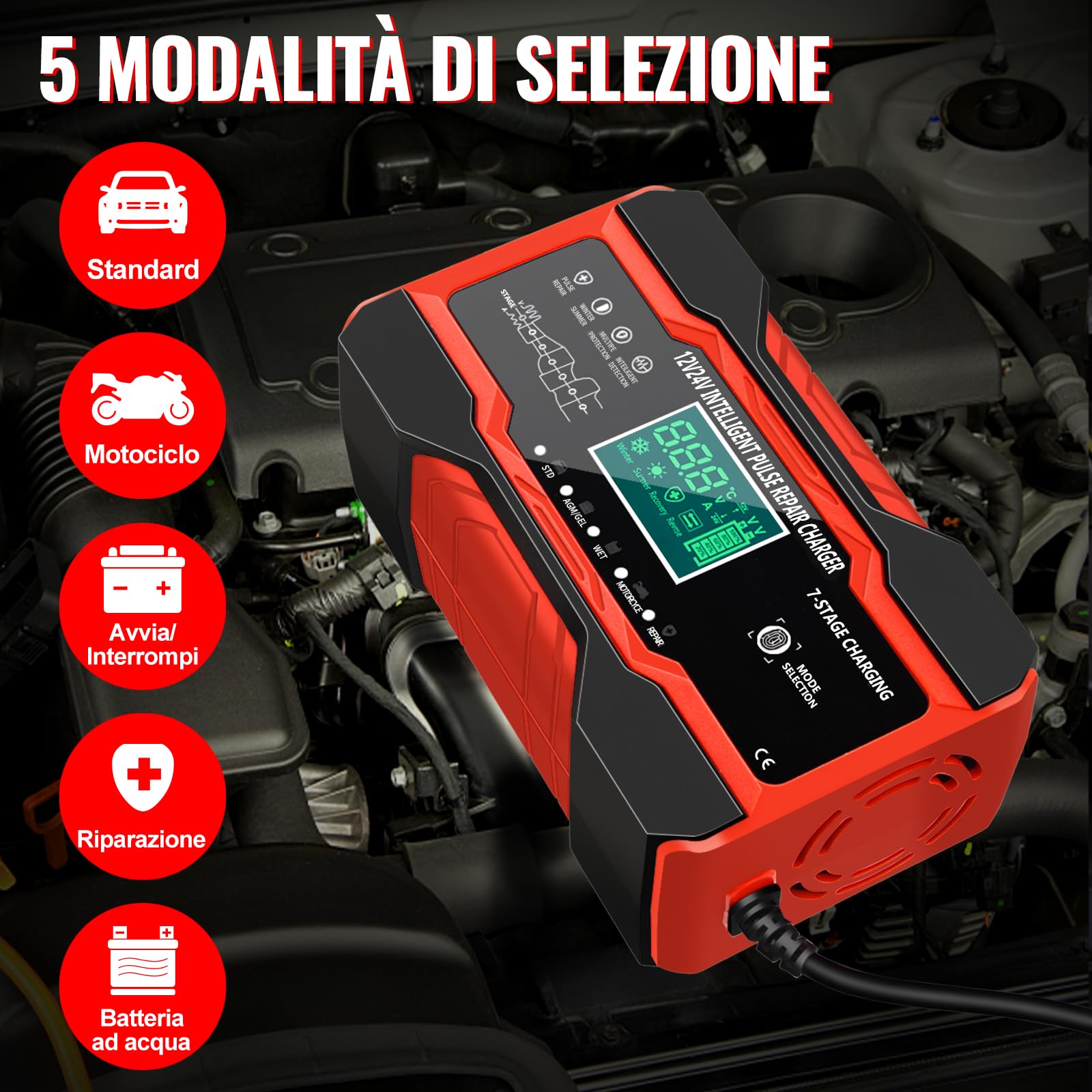 YDBAO 10A Caricabatteria Auto di Carica 12V/24V Caricabatterie Auto 5 modalità Caricabatteria Auto di Carica Mantenitore di Carica Auto Moto con Schermo LCD Touch Multi Protezioni per Auto Moto AGM