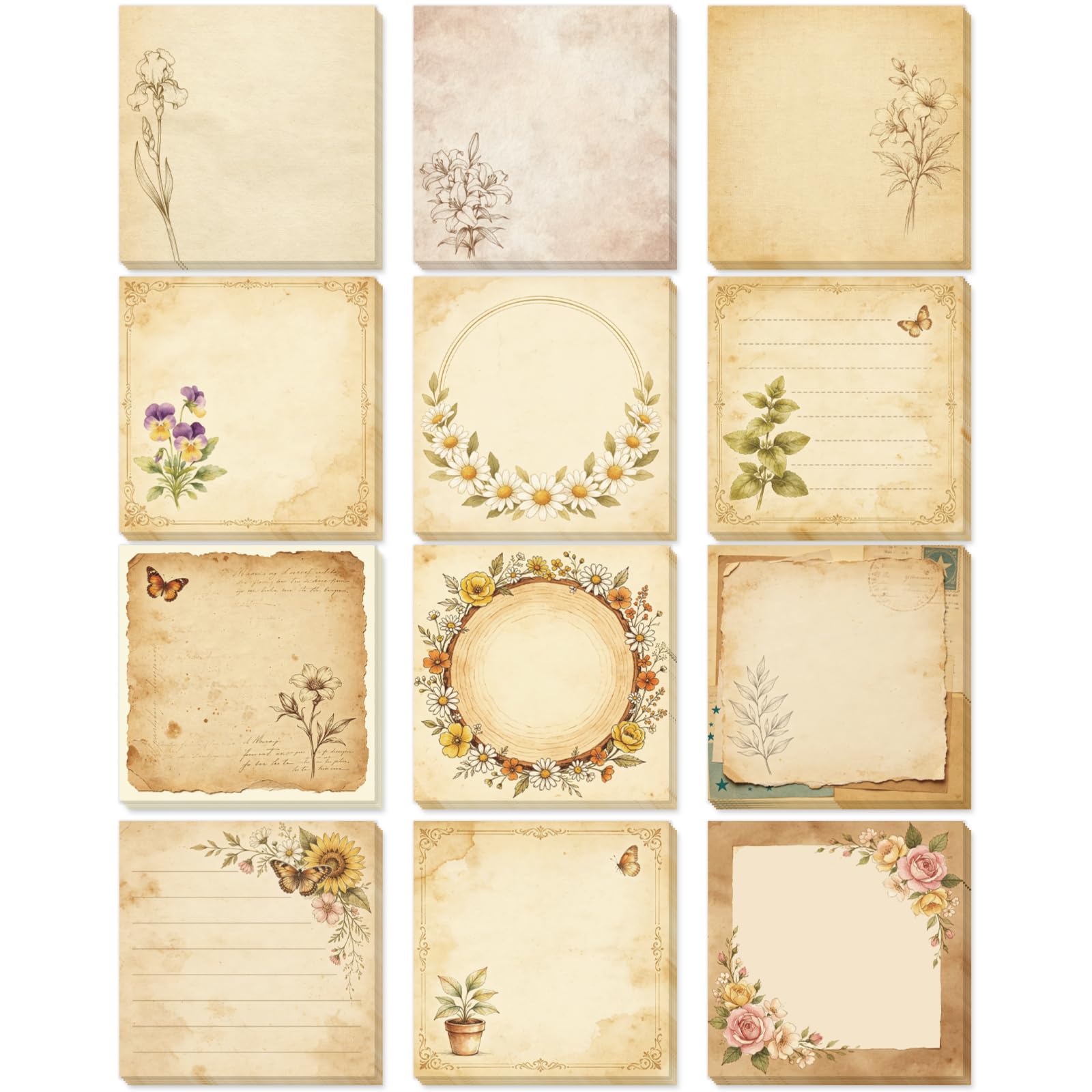 GLOBLELAND 12 Pack 600 Sheets Retro Flower Sticky Note Pads Retro Lilies Memo Pads 3×3 Inch Self-Stick Notepads for Note-Taking Memorandum Journal Planner Scrapbooking Office