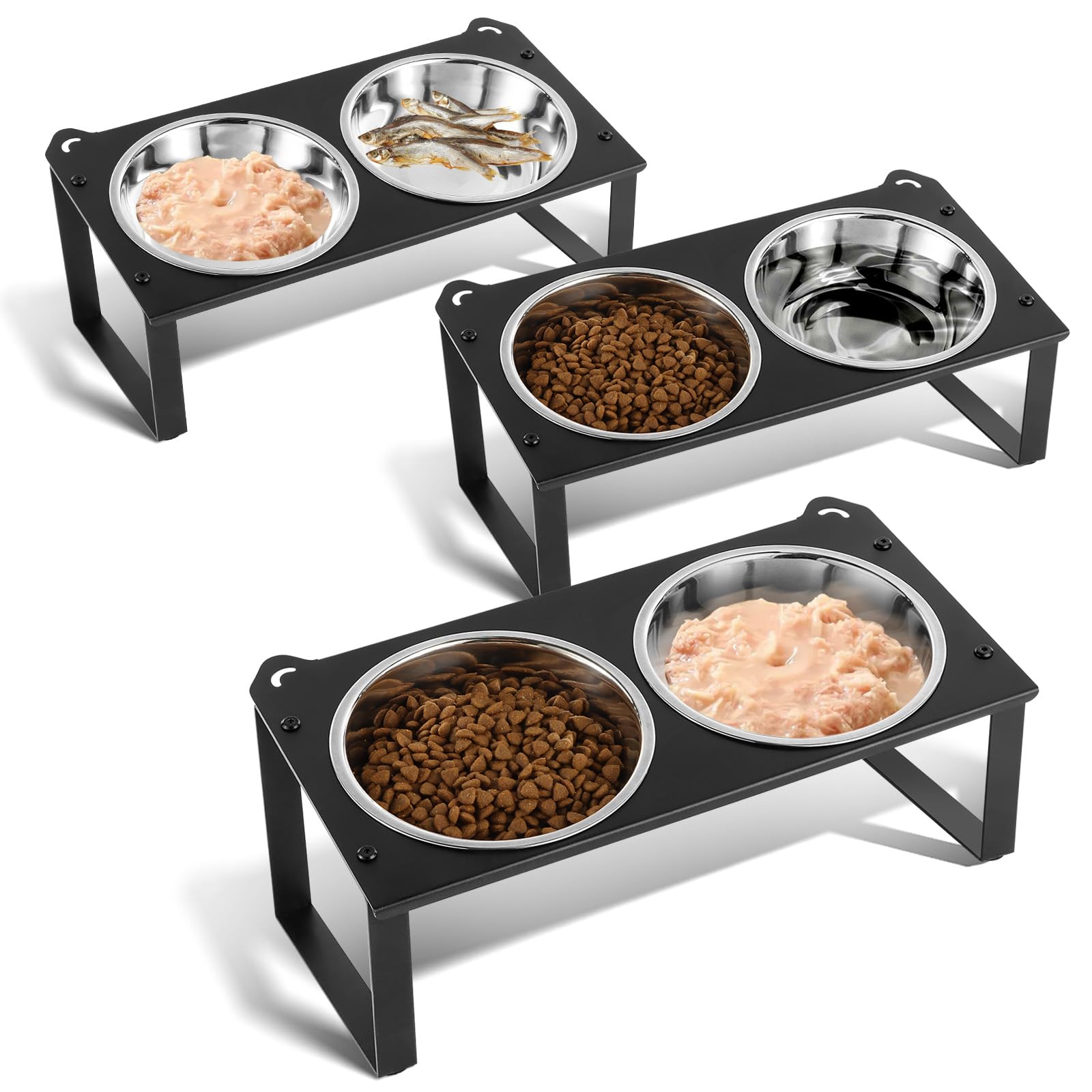Erhöhte Futternäpfe für Katzen, 6 Edelstahlnäpfe für den Innenbereich, mit niedlichem Metallständer, um 10 ° geneigt, Anti-Erbrechen, erhöht, breit, flach, für mehrere Kätzchen, Welpen, 3 Stück