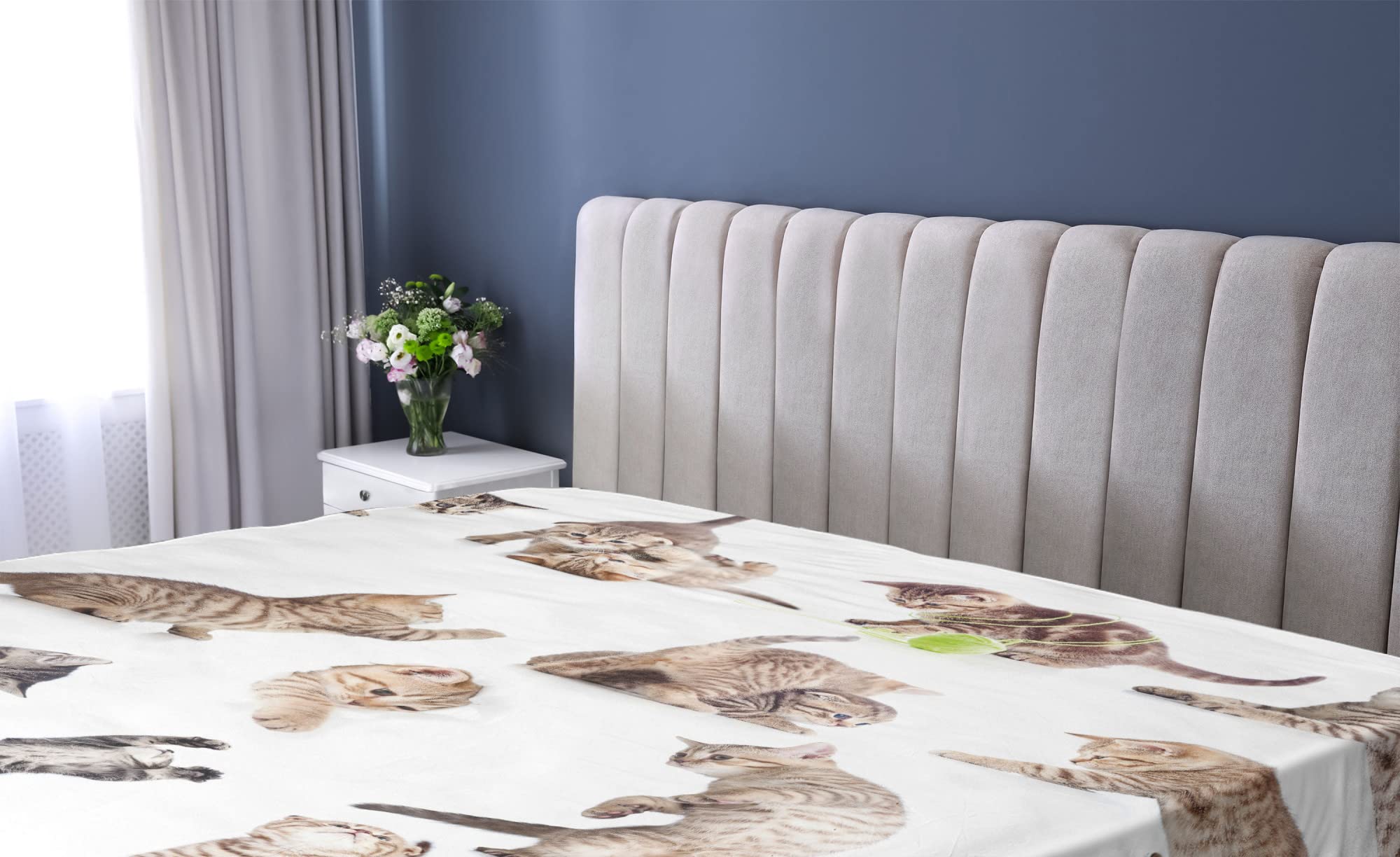 Ambesonne Cat Fitted Sheet, Illustration of Funny Playful Cats on Plain Background Animals Kitten Pattern, Bed Cover with All-Round Elastic Pocket for Comfort, California King, Beige White