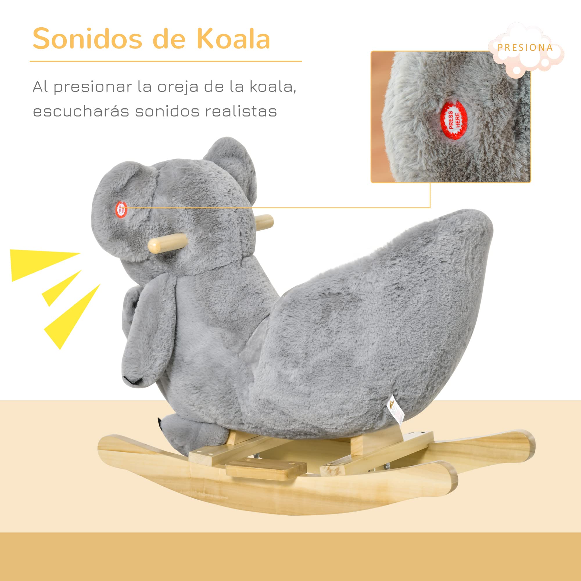 HOMCOM Caballito Balancín Infantil en Forma de Koala con Títere para Bebés 18-36 Meses con Sonido Cinturón de Seguridad y Reposapiés 60x33x50 cm Gris