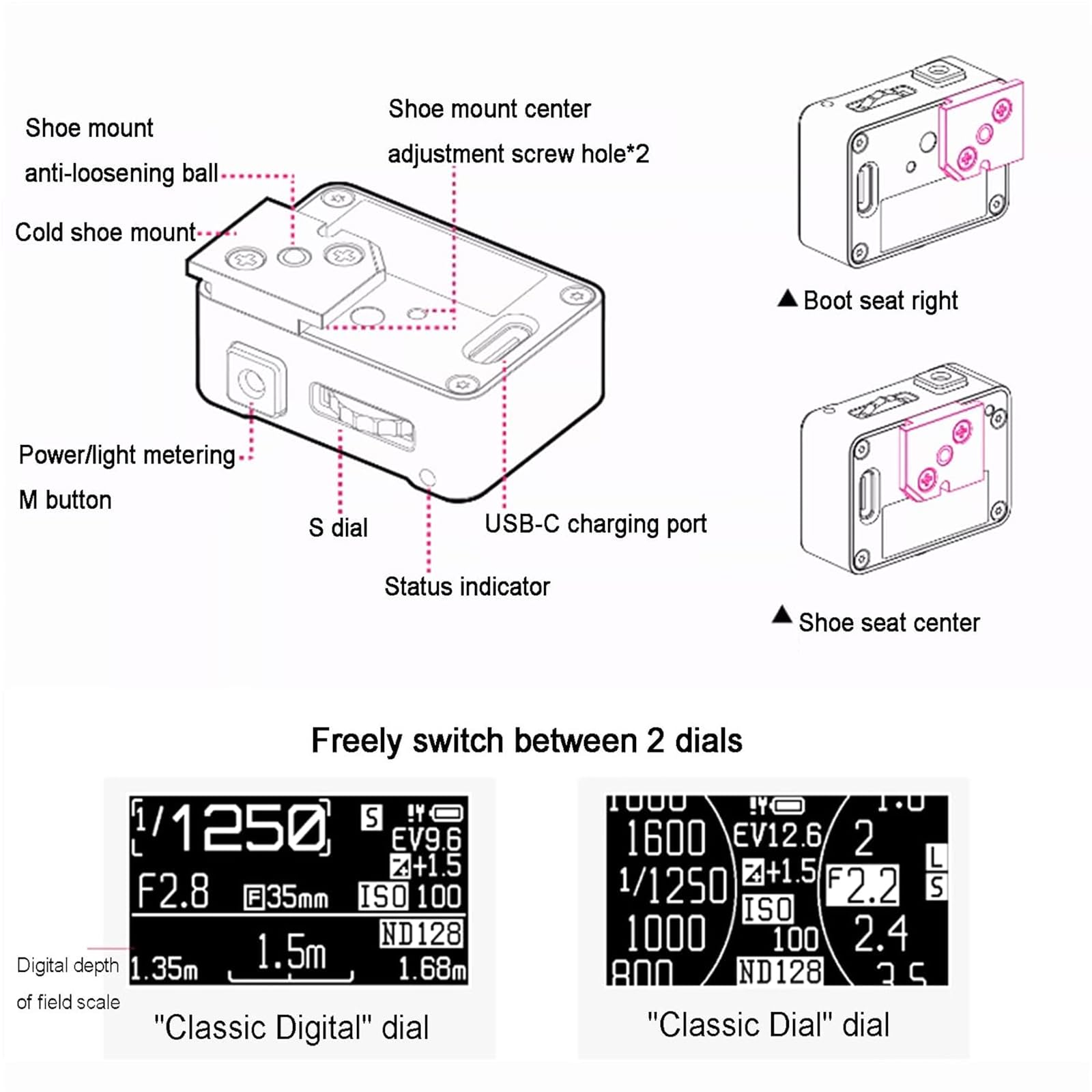 TsoLay Belichtungsmesser Für Filmkameras Mit OLED-Display, 30°-Durchschnittsmessung, Blitzschuhmontage, ISO-, Blenden- Und Verschlusszeiteinstellung Für Vintage-Kameras