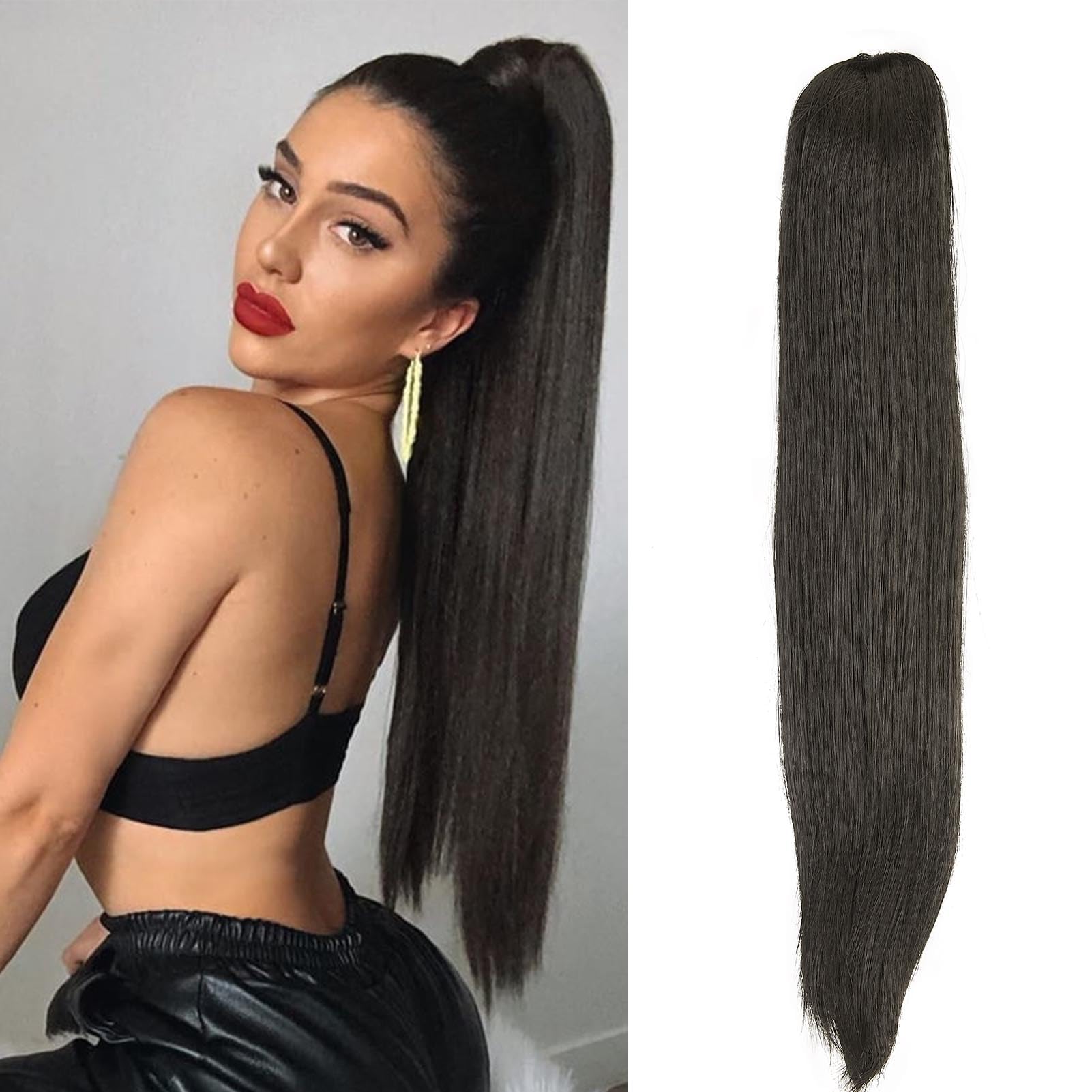 Cybelleza 20inch Ponytail Hair Extensions Straight Ponytail Claw Jaw on Long Straight Pony Tails Clip in Hair Extensions Synthetic Hair pieces for Women Dark Brown