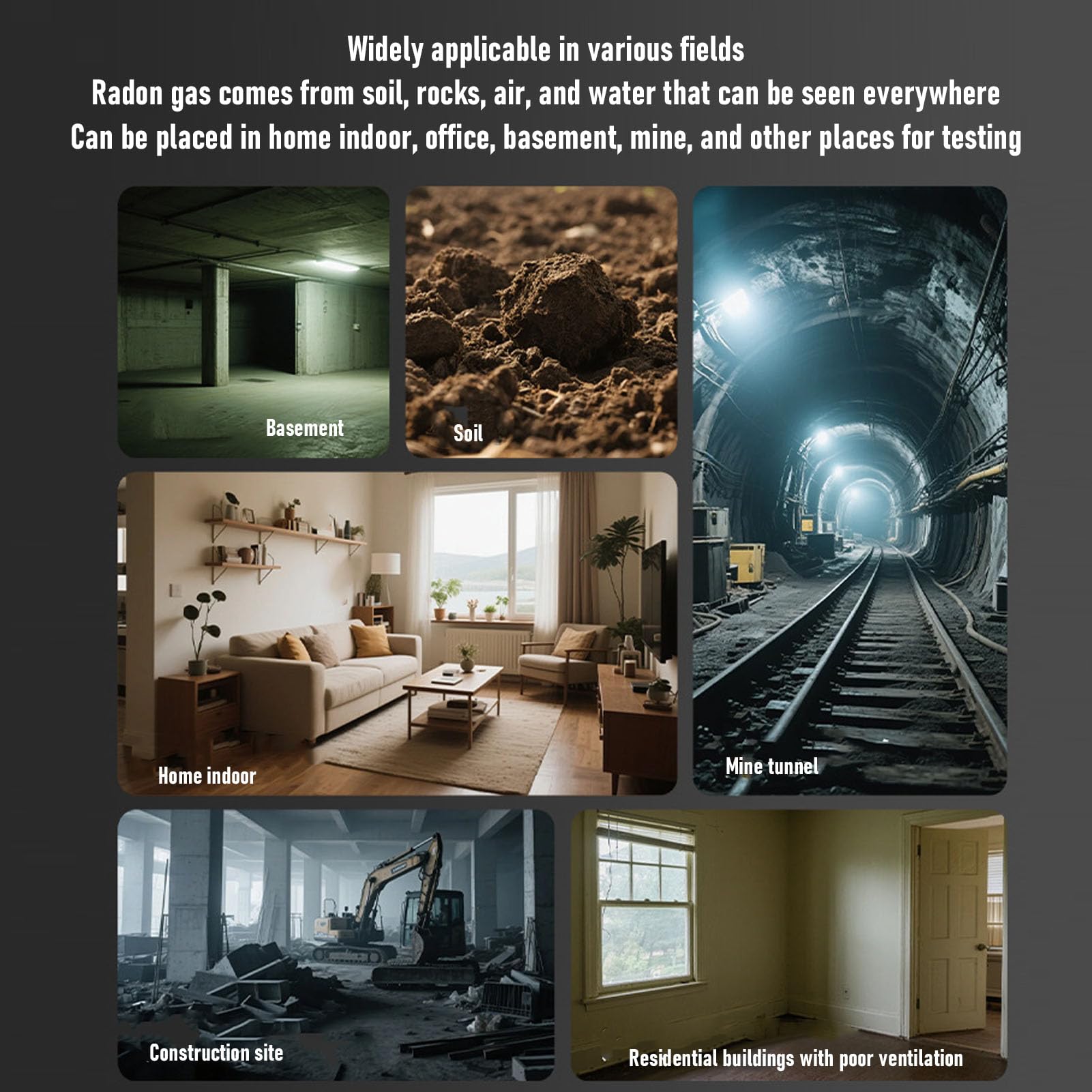 Rilevatore di Radon, Monitor di Radon con Portata 3,3-37k Bq/m, Sensore di con Batteria da 2000 MAh e Archiviazione Dati per 504 Giorni, Ideale per l'uso nel Seminterrato di Casa