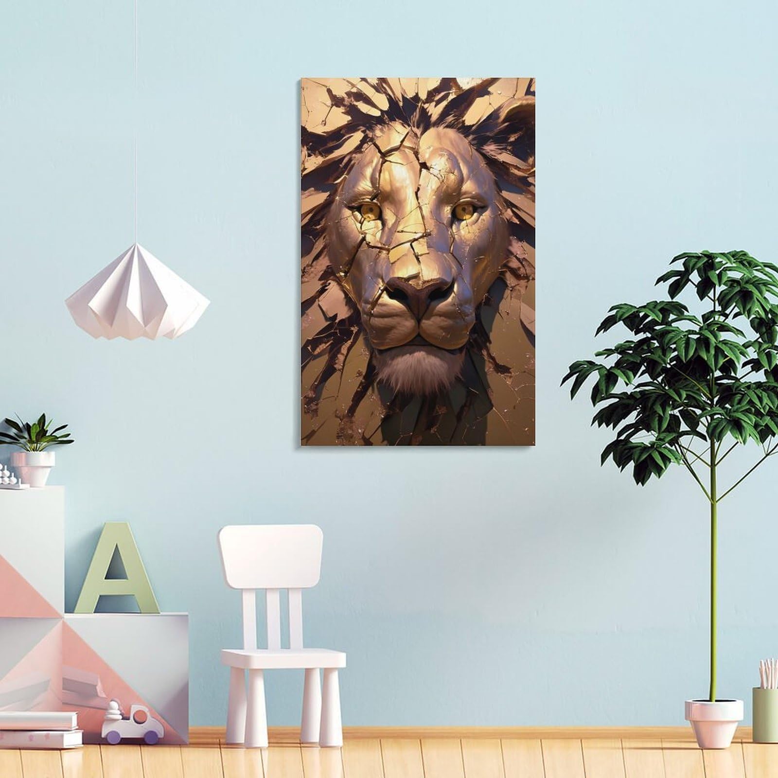 Junmoney Leinwand Wandbild Golden Lion Head with Cracks, 16x24inch(40x60cm), Für Wohnzimmer, Flur Oder Schlafzimmer, Wohnakzent Mit Ruhiger Ausstrahlung