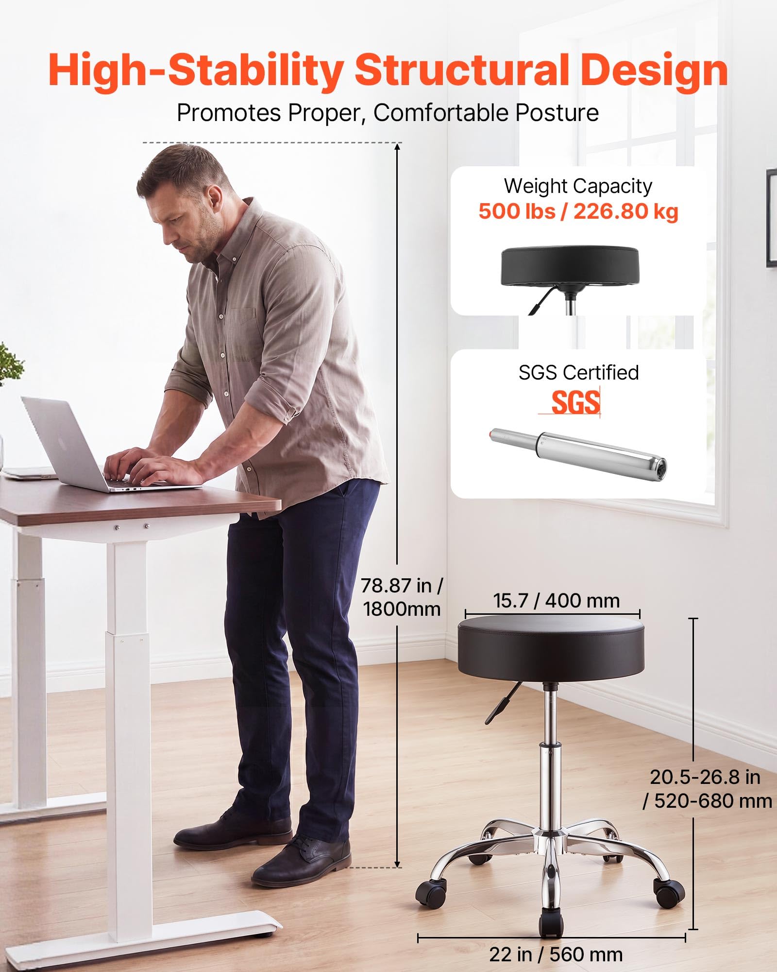 VEVOR Taburete Giratorio de Trabajo, Taburete con Ruedas, Paquete de 2 Unidades, Capacidad de Carga de 226,8 kg, Altura Ajustable, Asiento Ergonómico Acolchado y Tapizado, para Oficina Peluquería
