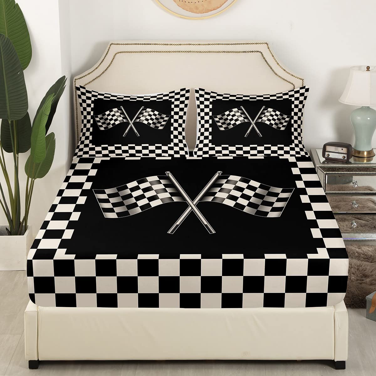 Black White Flag Fitted Sheet,Full Size Geometric Grid Collections Racing Theme Theme,Soft Decorative Fabric Bedding Deep Pocket for Children Teens Young Boys Girls,with 2 Pillowcases
