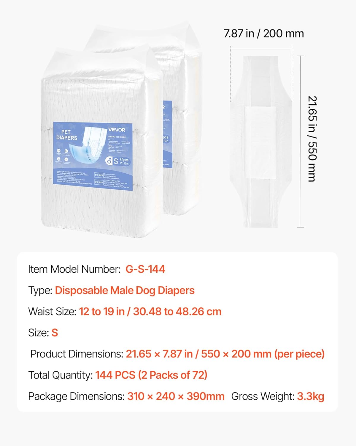 VEVOR Disposable Male Dog Diapers, Super Absorbent Male Dog Wraps, 360 ° Leak-Proof Belly Bands with Wetness Indicator for Male Doggies in Heat, Training, Incontinence - S, 144 Count (2 Packs of 72)