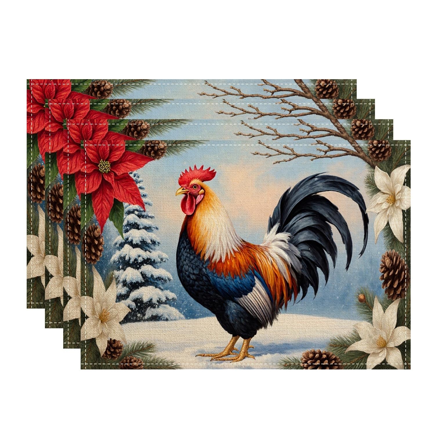 Christmas Rooster Placemats, Colorful Country Floral Place Mats for Dining Table, Winter Holiday Non-Slip Washable Indoor Outdoor Kitchen Party Decorative Placemat Set of 4