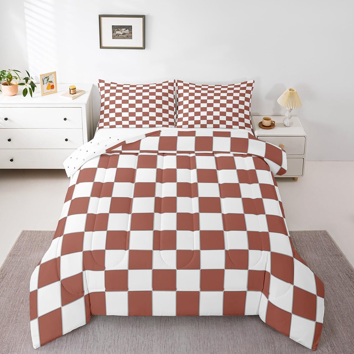 Erosebridal Checkered Quilt Set Full White Light Caramel Checkerboard Bedding Set,Buffalo Plaid Grid Comforter Set for Kids Teen Adults Aesthetic Geometric Gingham Bed Set Modern Room Decor