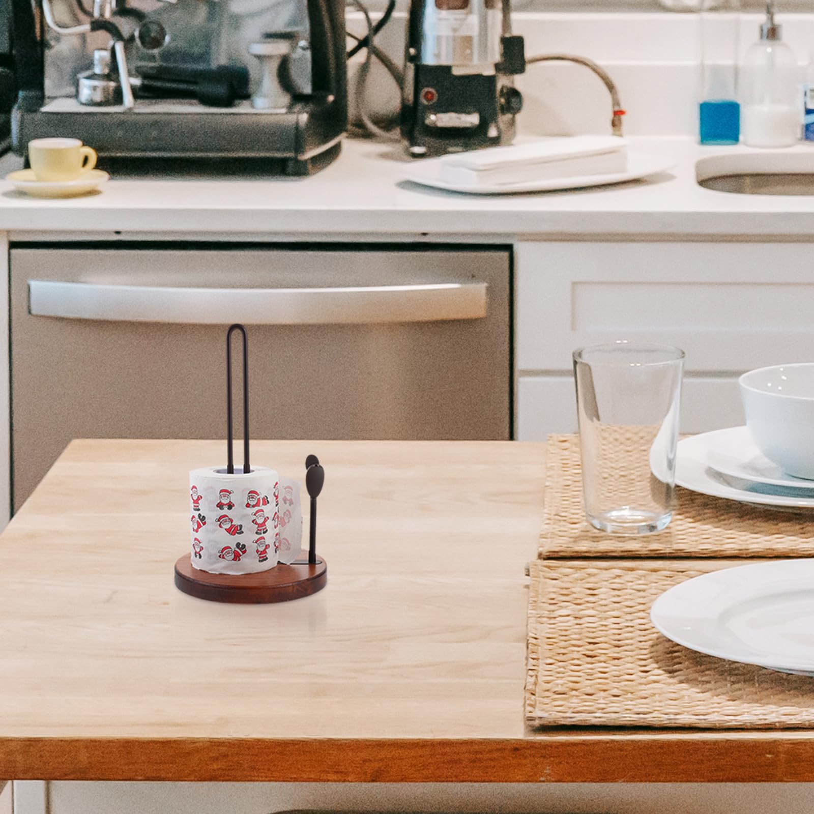 Portarrollos de Papel de Cocina Base de Madera y Estructura Vertical de Hierro, Soporte Duradero para Toallas en Cocina y Comedor Moderno