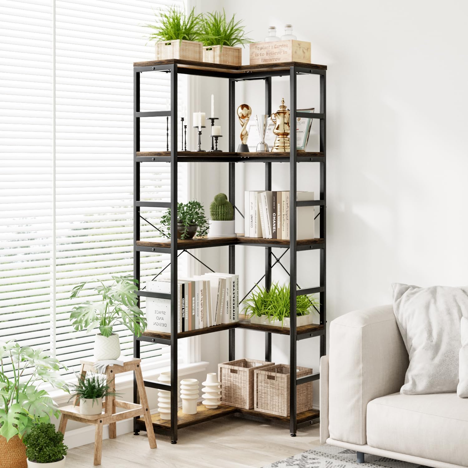 NUMENN 5 Tier Corner Bookshelf, Wood and Metal Bookcase Storage Shelf, 26.97'' x 22.64'' x 65.7'' Tall Corner Cabinet for Living Room, Bedroom, Home Office and Kitchen, Vintage Brown