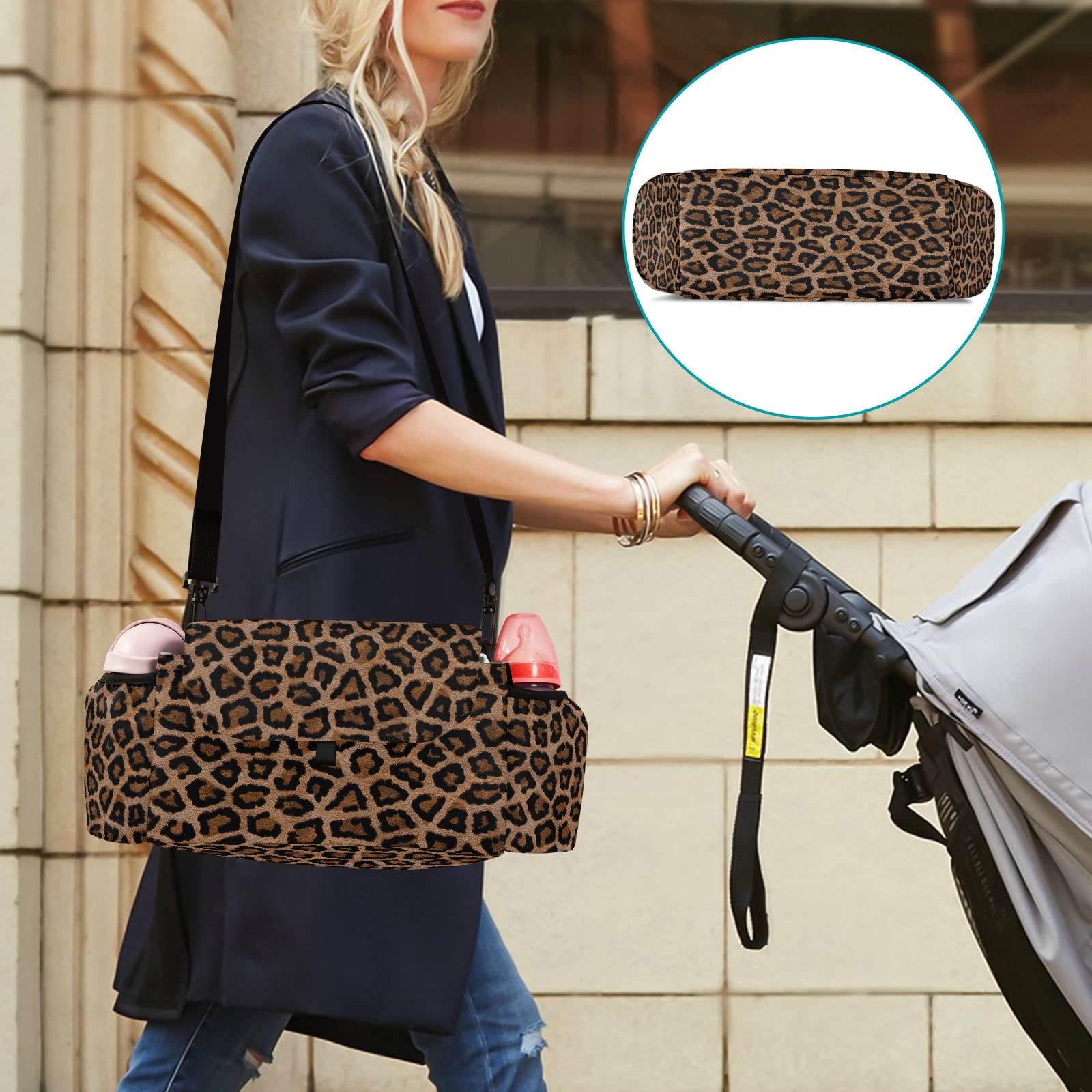 Borsa organizer per passeggino, motivo leopardato, universale, con 2 portabevande, cinghie regolabili, adatta per bottiglie, marrone, moderno