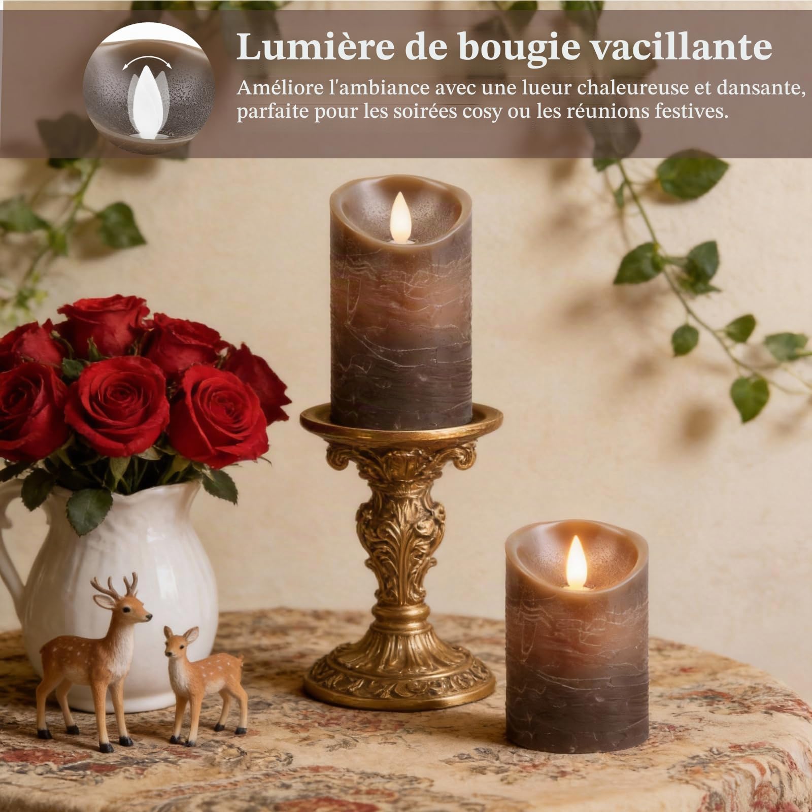 Lot de 3 Bougies LED pour Intérieur et Extérieur avec Télécommande à 10 Touches, sans Flamme, Cire Véritable, Effet Flamme Vacillante, Décoration pour Noël, Anniversaire, Mariage, Fête, Marron