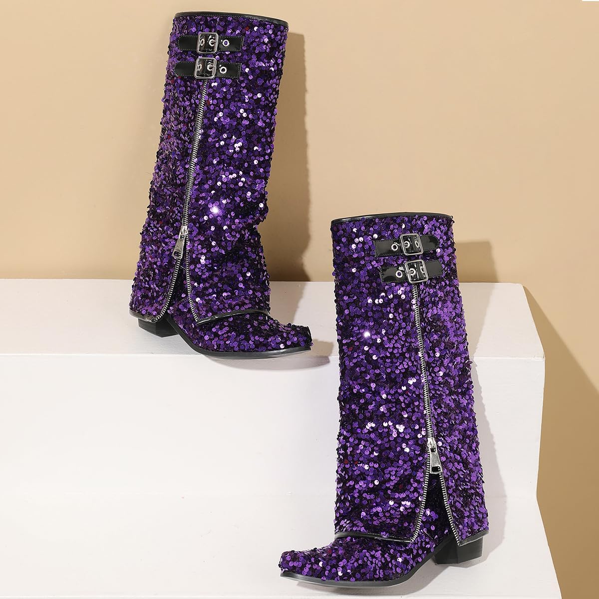 Sequined Glitter Padlock Knee High Boots Chunky Heels Sparkly Wide Calf Boots for Women