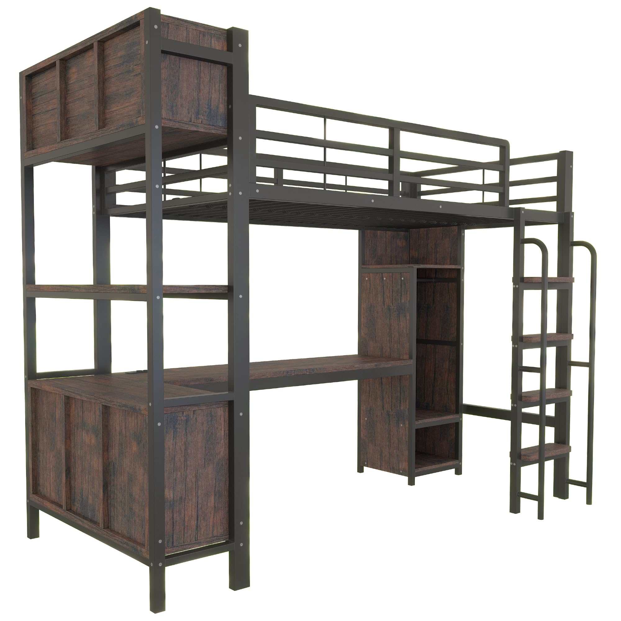 Letto a Soppalco Gaming per Cameretta, con Scrivania, Luci LED, Presa Elettrica, Armadio, Ripiani e Scaffali Aperti, Scala Larga, Metallo Robusta, per Adolescenti e Adulti (90 x 200 cm - Singolo)