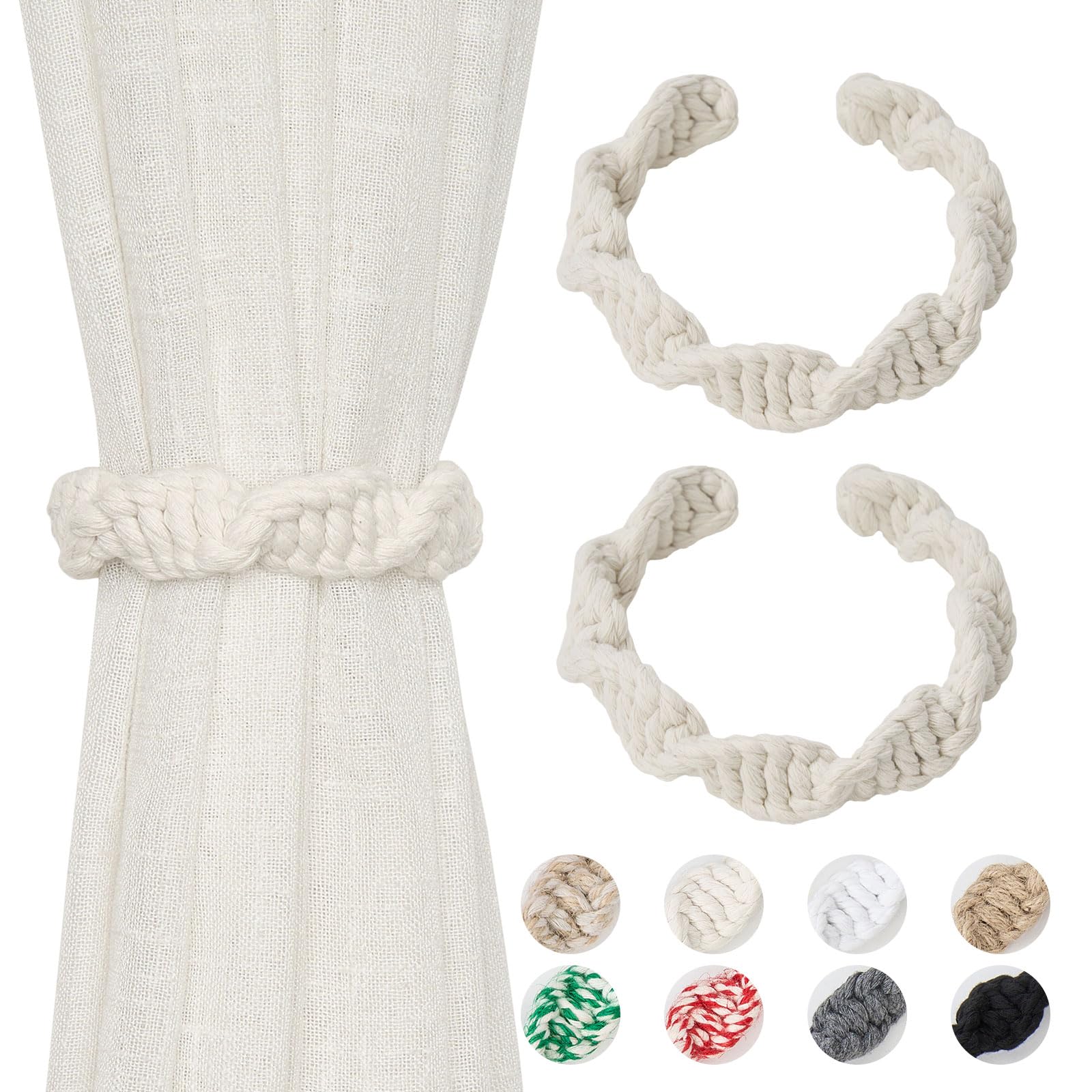 Pretty Jolly 2 Pack Natural Cotton Rope Curtain Tiebacks Farmhouse Rustic Style Decorative Drape Tie Backs Spiral Braided Curtain Holdbacks for Home & Office Sheer/Light Weight Drapery (C-Beige)