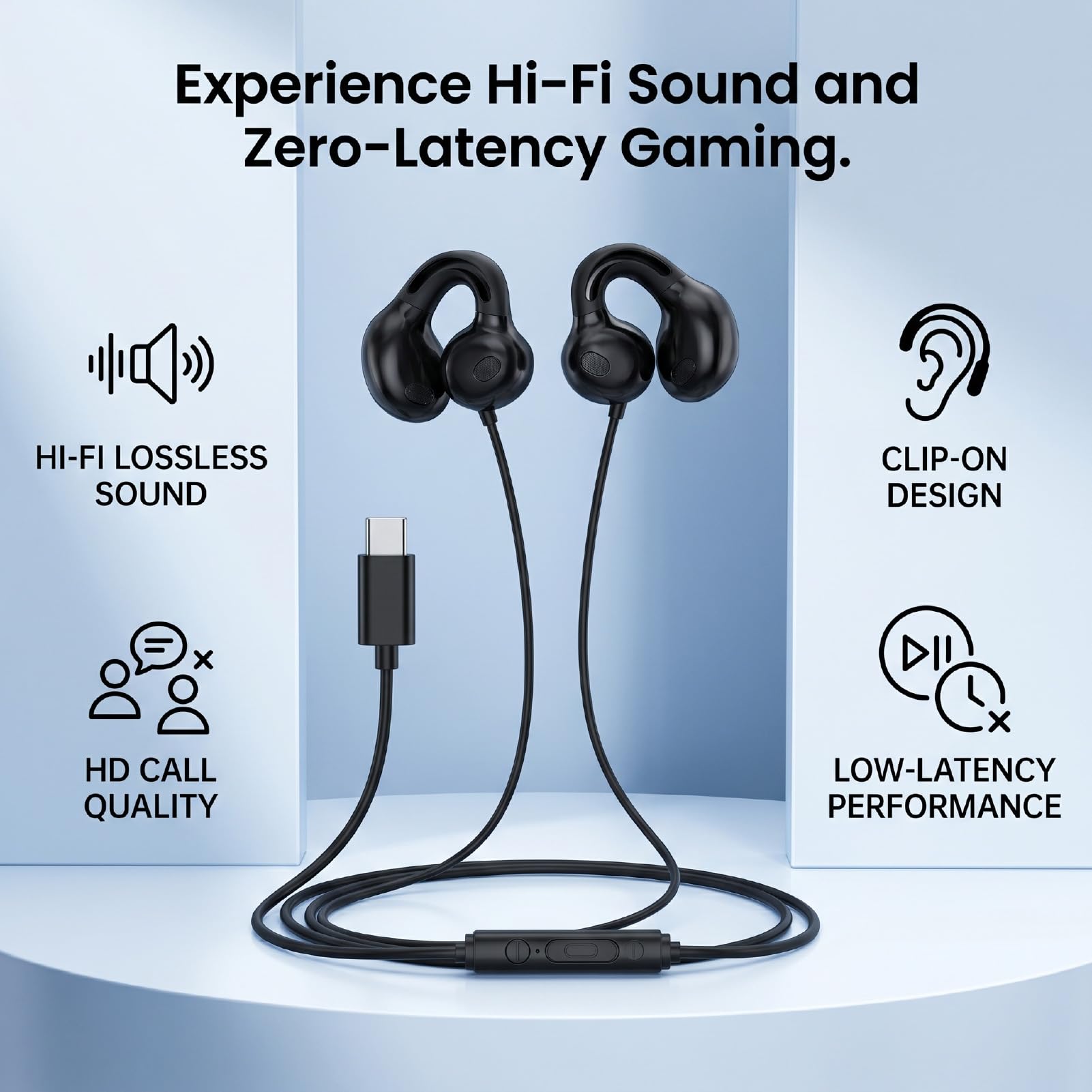 Przewodowe słuchawki Clipsowe z mikrofonem, dźwięk HiFi do gier | Ergonomiczne słuchawki z otwartymi uszami o niskim opóźnieniu do połączeń muzycznych