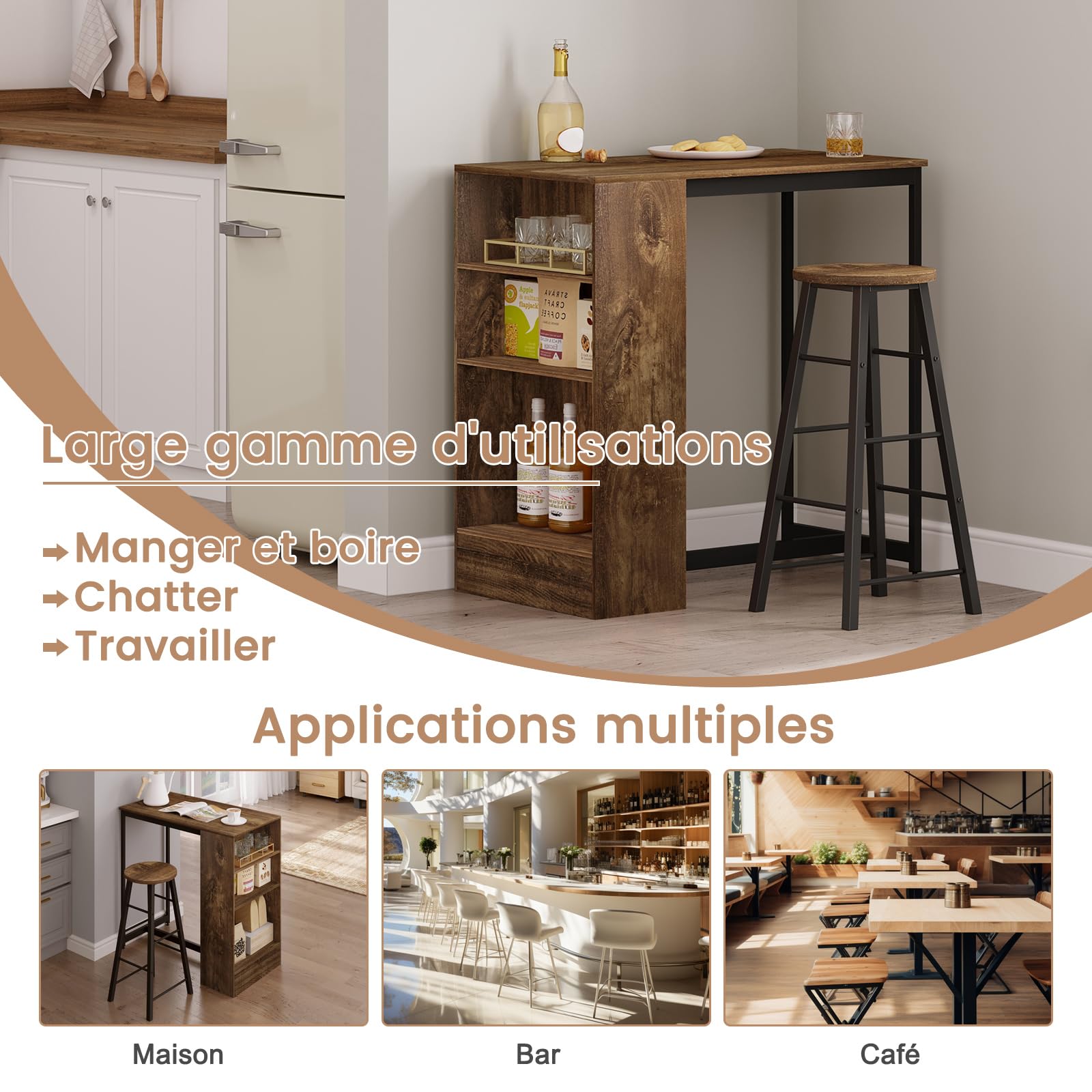 WOLTU Table Bar 90 x 50 x 90 cm, Table Haute Cuisine et 3 Compartiments de Rangement, Mange Debout en Métal & Bois, Rustique+Noir