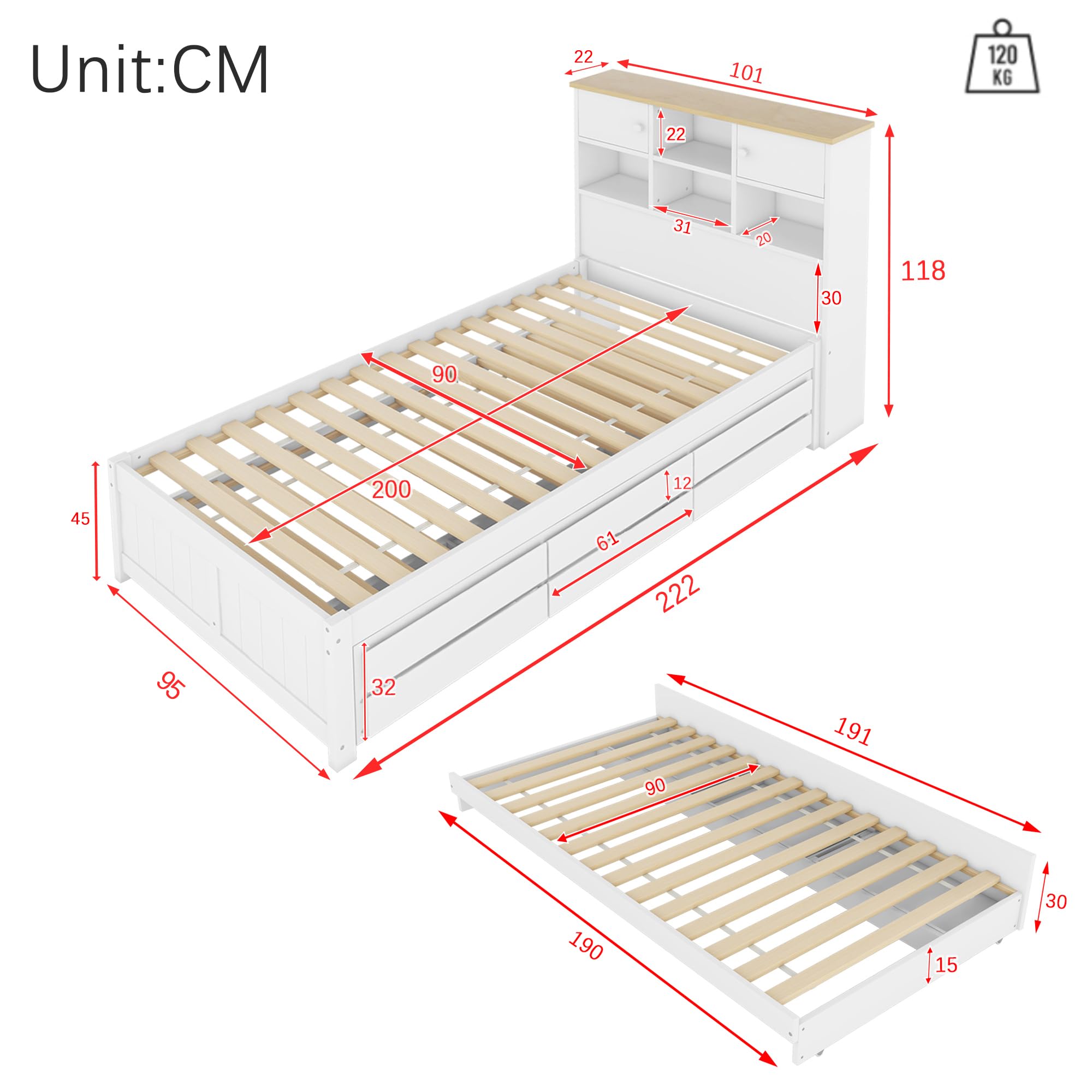 Letto Funzionale 90x200 Cm Con Contenitore E Letto Estraibile – Porta USB Ricarica – Struttura In Legno Di Pino Grigio (senza Materasso)
