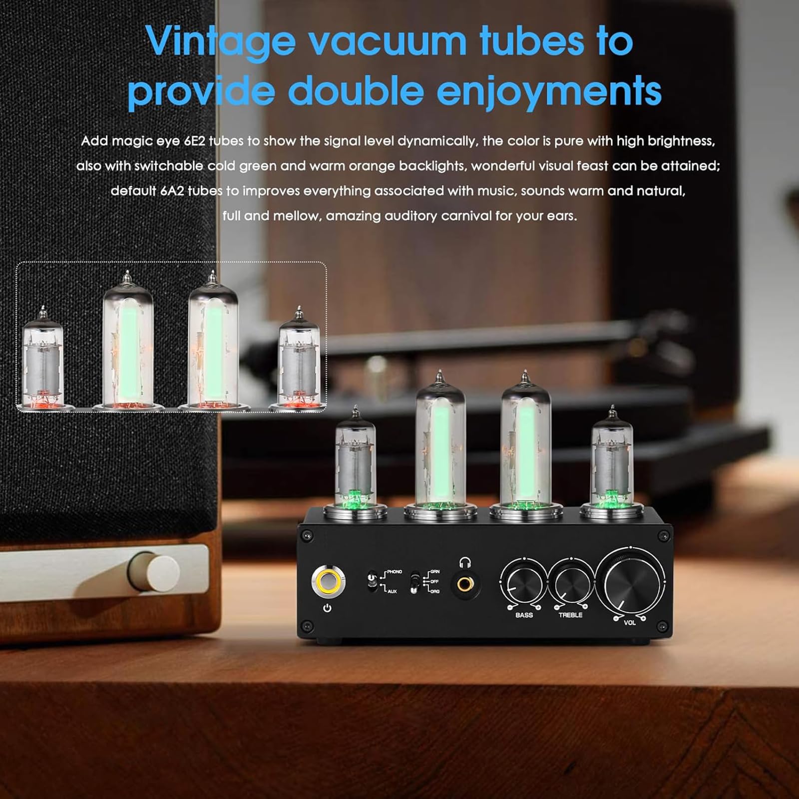 Preamplificatore Phono a Valvole, Preamplificatore per Giradischi/Lettore MM, con Gain Gear, Manopola di Controllo del Volume, Uscita Stereo L/R/RCA/Jack da 3,5 Mm