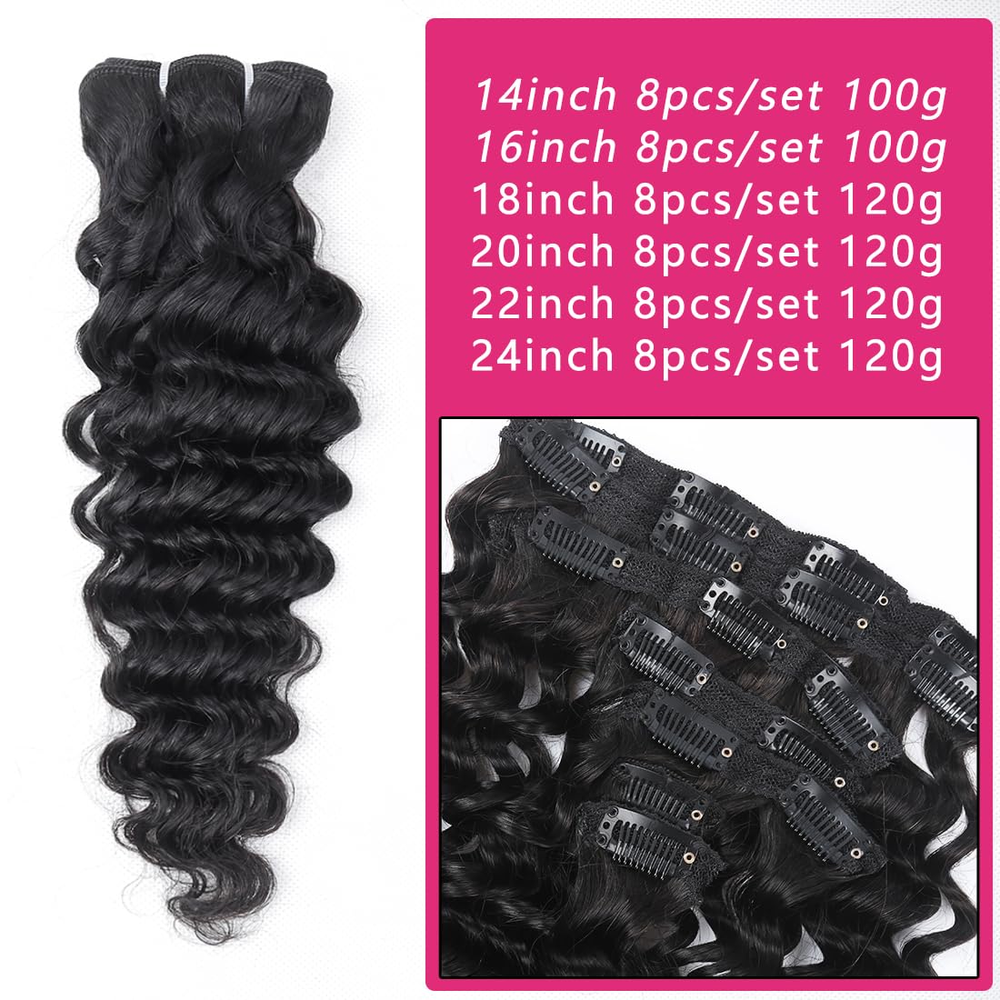 Clip-in-Haarverlängerungen, Echthaar, 55 cm, 22 Zoll Echthaar-Extensions für Frauen, doppelte Tresse, nahtlos, brasilianische tiefe Welle, 8 Stück, 120 g, 20 Clips, Naturschwarz
