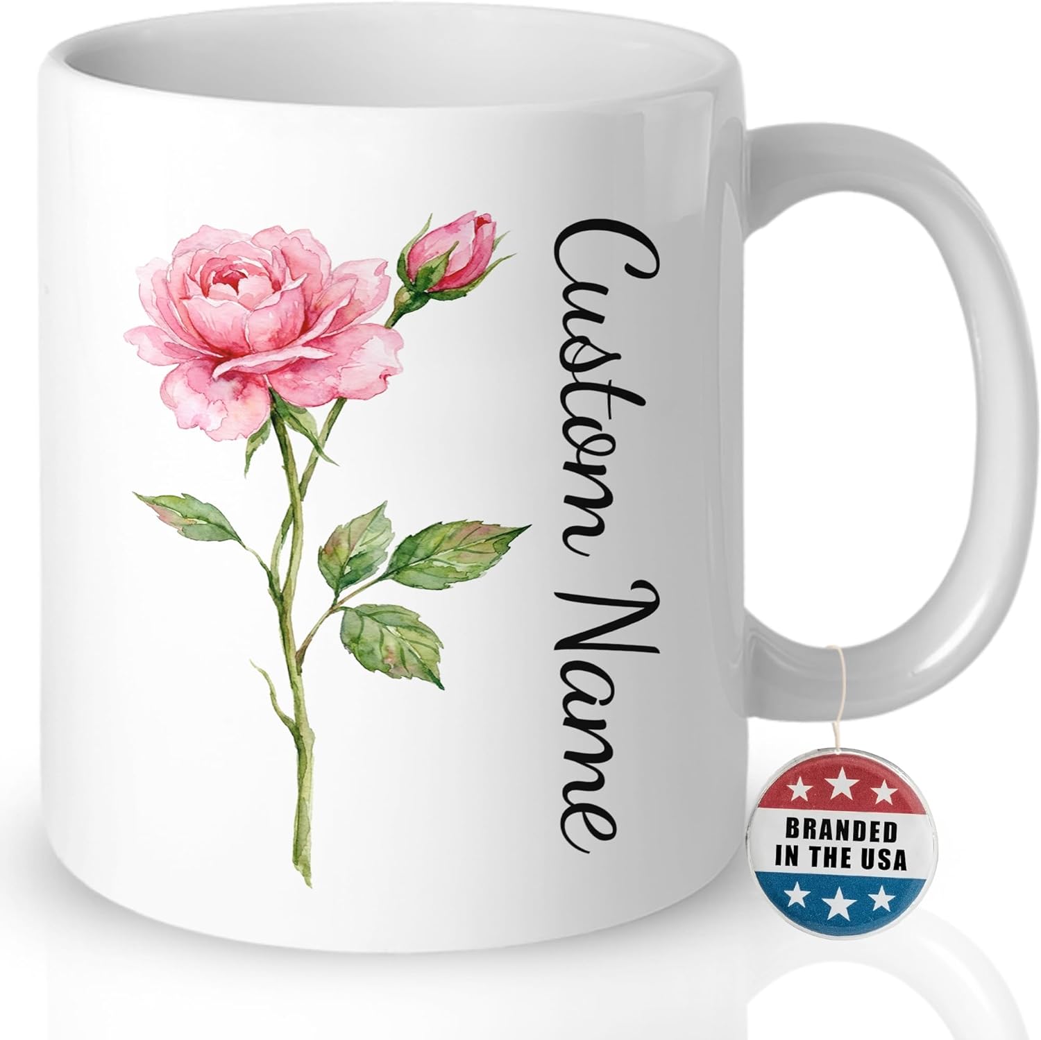 Personalized Coffee Mug with Name, Custom Flower Design Watercolor Rose 11oz Ceramic Cup, Gift for Women, Mom, Grandma, Birthday, Mother's Day, Floral Taza Personalizada, Multiple Colors