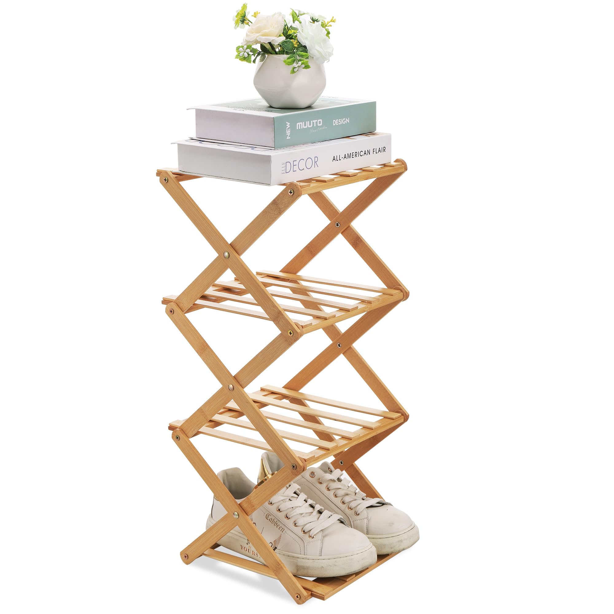 Fentar Zapatero Plegable, 4 Pisos Zapatero Madera, Bambú Zapatero Pequeño, Minimalista Zapatero Entrada Recibidor, Estable Zapatero Vertical, sin Instalación Zapatero Esquinero para Espacios Pequeños