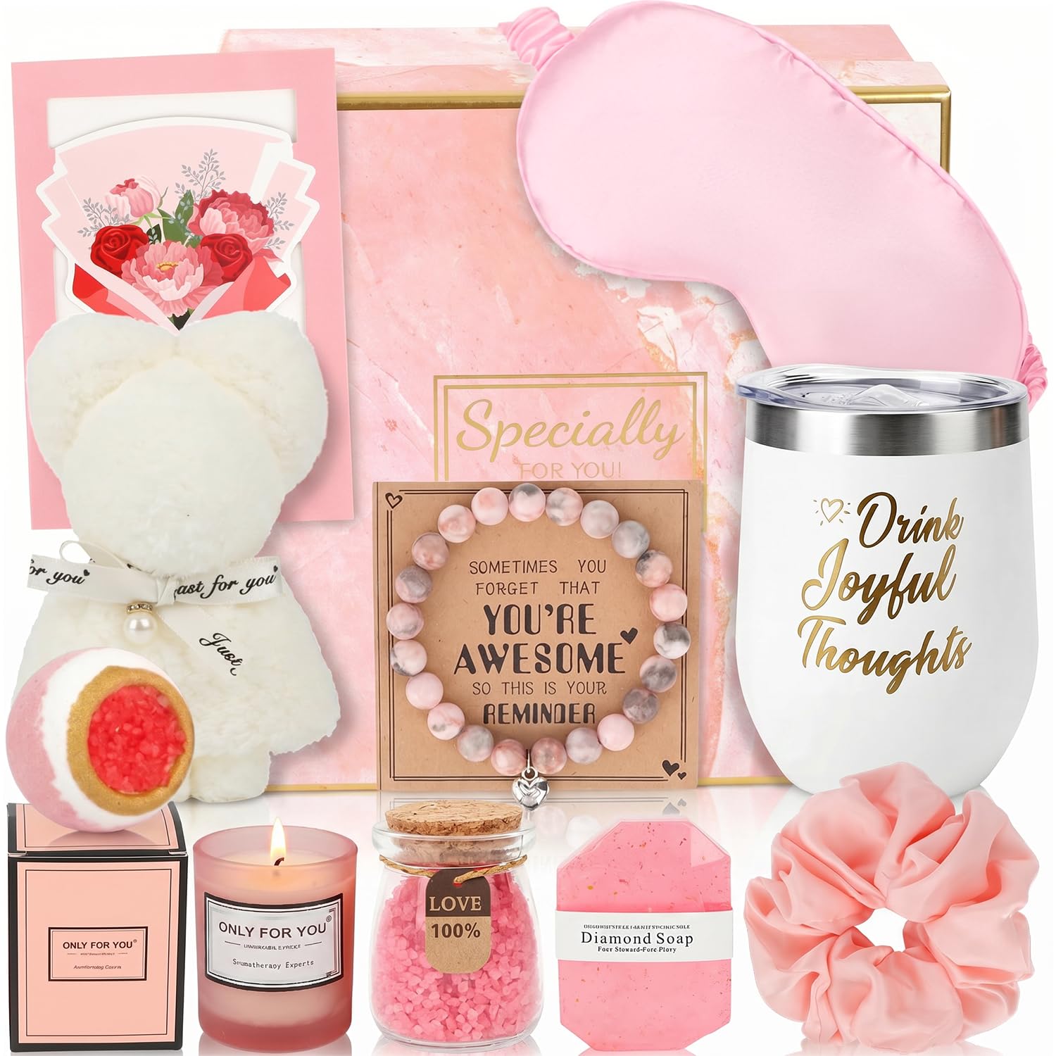 OWill Birthday Gifts for Women, 11 Pcs Pink Pamper Gifts, Self Care Hamper Gifts for Women with 12oz Insulated Tumbler, Spa Bath Sets for Mum Sister Best Friends Wife, Relaxation Care Package