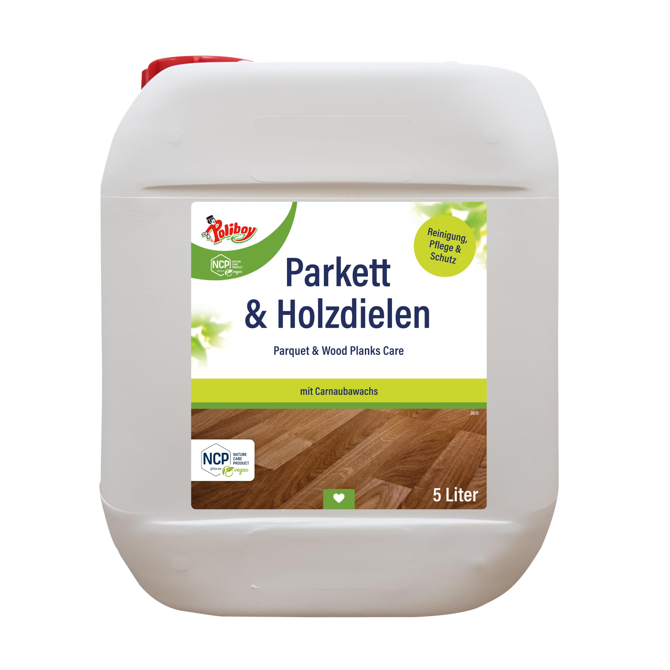 POLIBOY NCP Parkett und Holzdielen Pflege - Bodenreiniger für Echtholzböden - Parkettreiniger mit Pflanzenwachs - 1x 5 Liter Kanister - Made in Germany