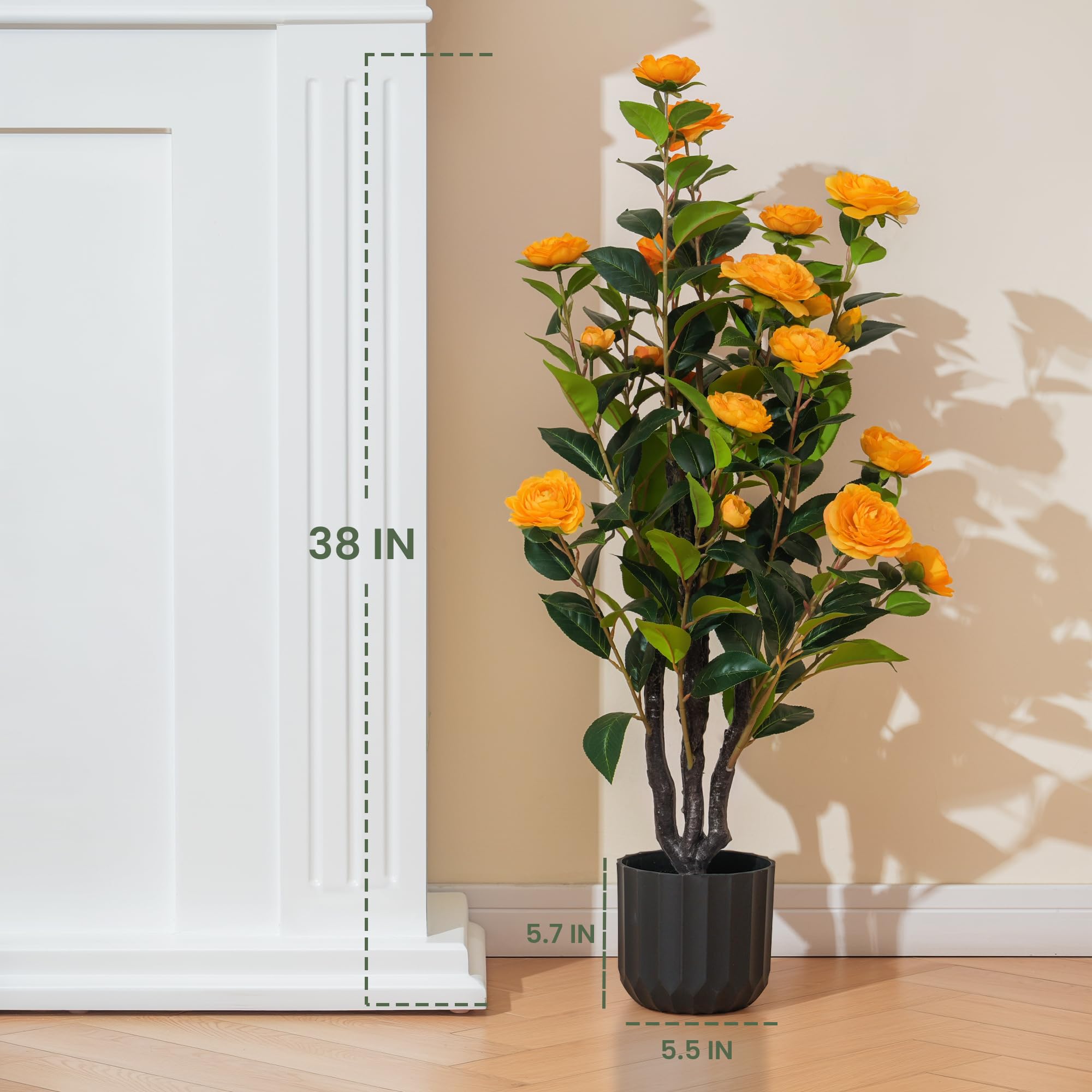 38'' Artificial Faux Camellia Tree Plants for Indoor Outdoor, 2 Pack Fake Orange Silk Camellia Tree Plants in Cement Pot for Home House Living Room Office Decor
