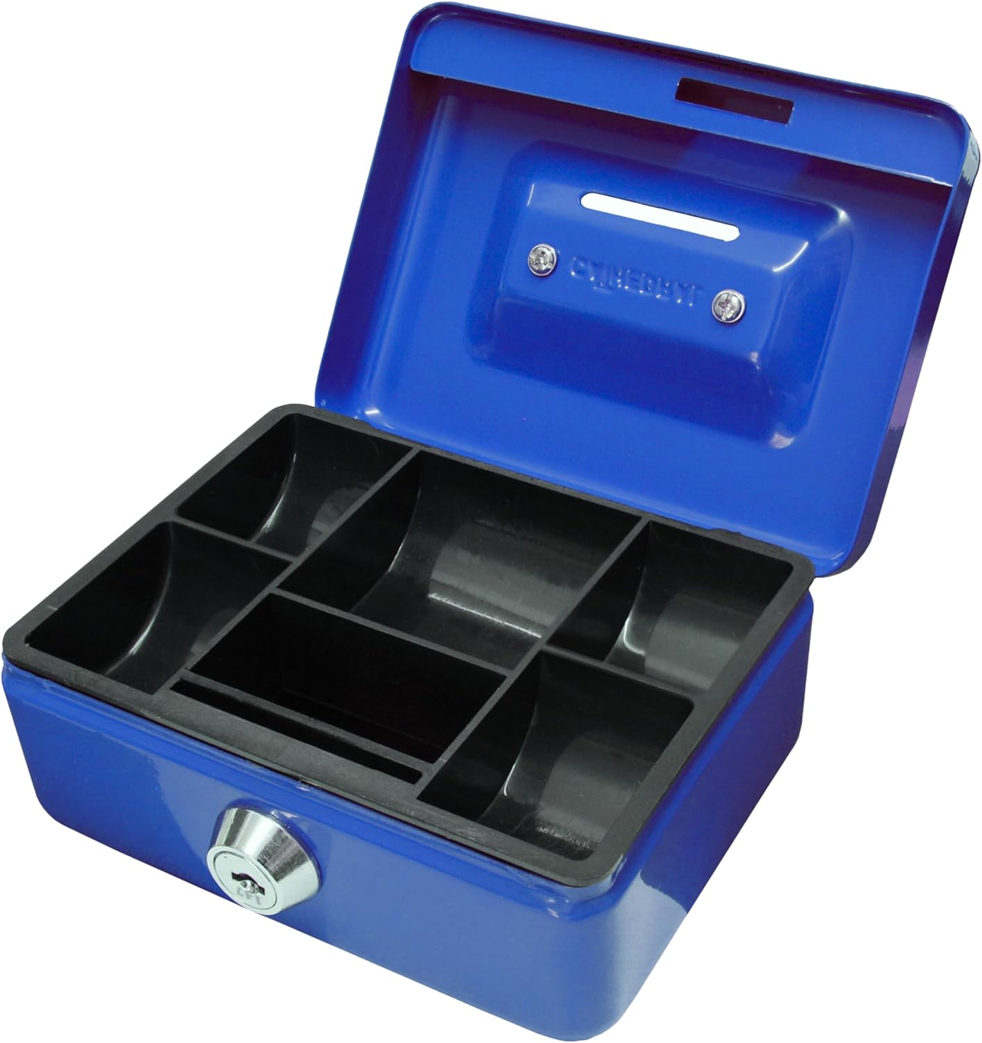 Cathedral Products Key Lockable Cash Box with Lift Out 6 Compartment Coin Tray - 8 Inch - Black