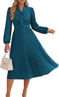 GRACE KARIN Women's 2025 Fall Long Sleeve V-Neck Pleated A-Line Flowy Midi Dress - Casual Versatile Elegance