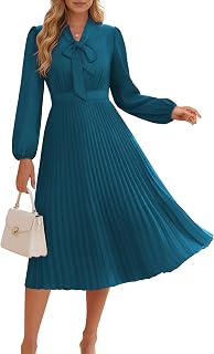 GRACE KARIN Women's 2025 Fall Long Sleeve V-Neck Pleated A-Line Flowy Midi Dress - Casual Versatile Elegance
