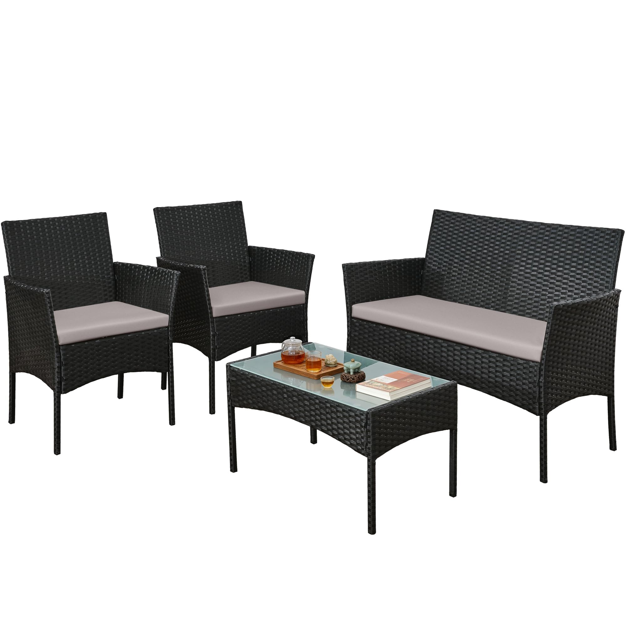 rattanstar 4 Piece Rattan Garden Furniture Sets, Outdoor Patio Conversation Set with Loveseat, Armchairs, Glass-Top Coffee Table, Cushions, PE Wicker Sofa Set for Balcony Backyard Conservatory