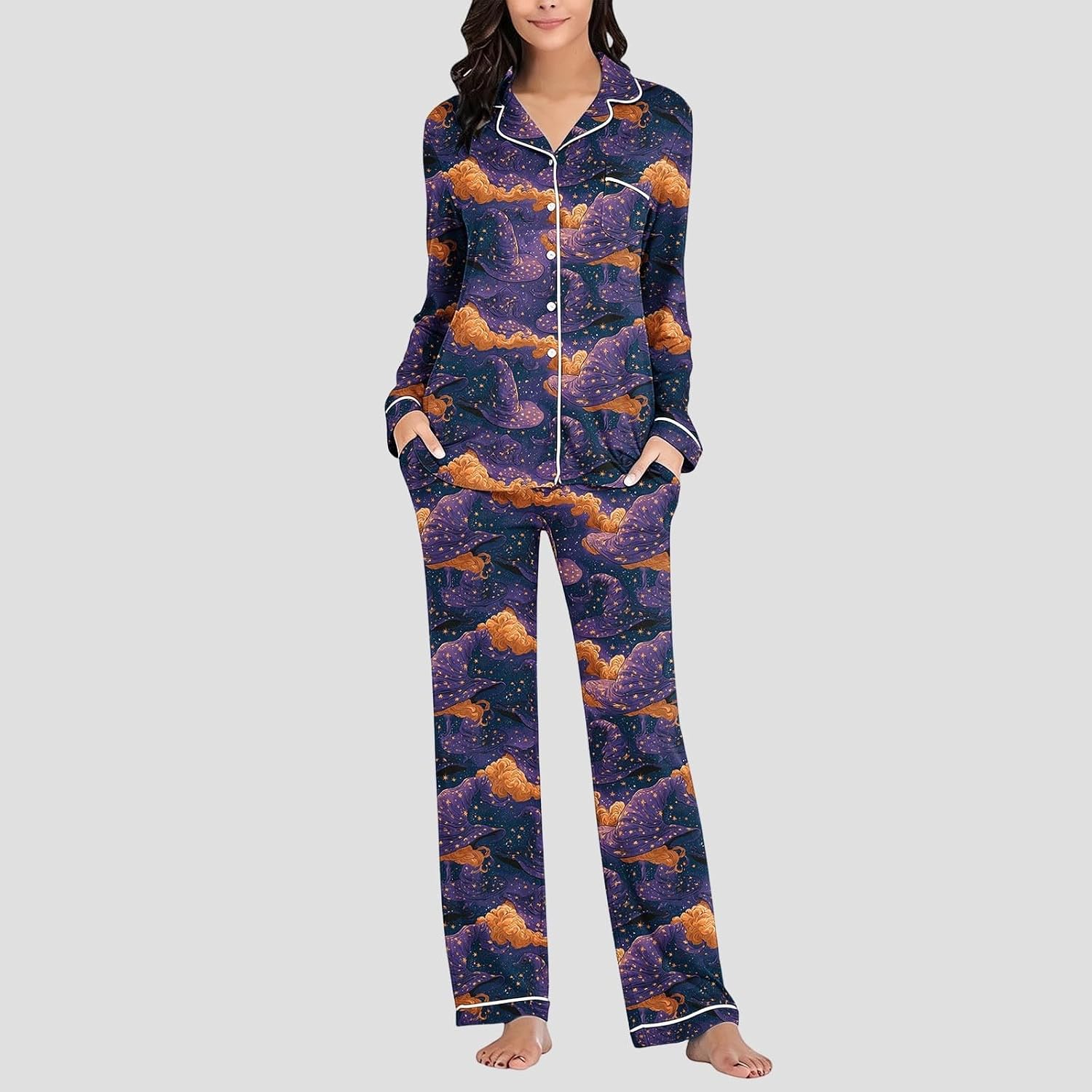 Halloween Pajamas for Women Cute Ghost Pumpkin Print Pjs Set 2Pc Sleepwear | Long Sleeve Shirt Loose Pants, Ghost Pumpkin Print Sleepwear, Bridal Wedding Party Pajamas Gifts, Comfy 2 Piece Loungewear