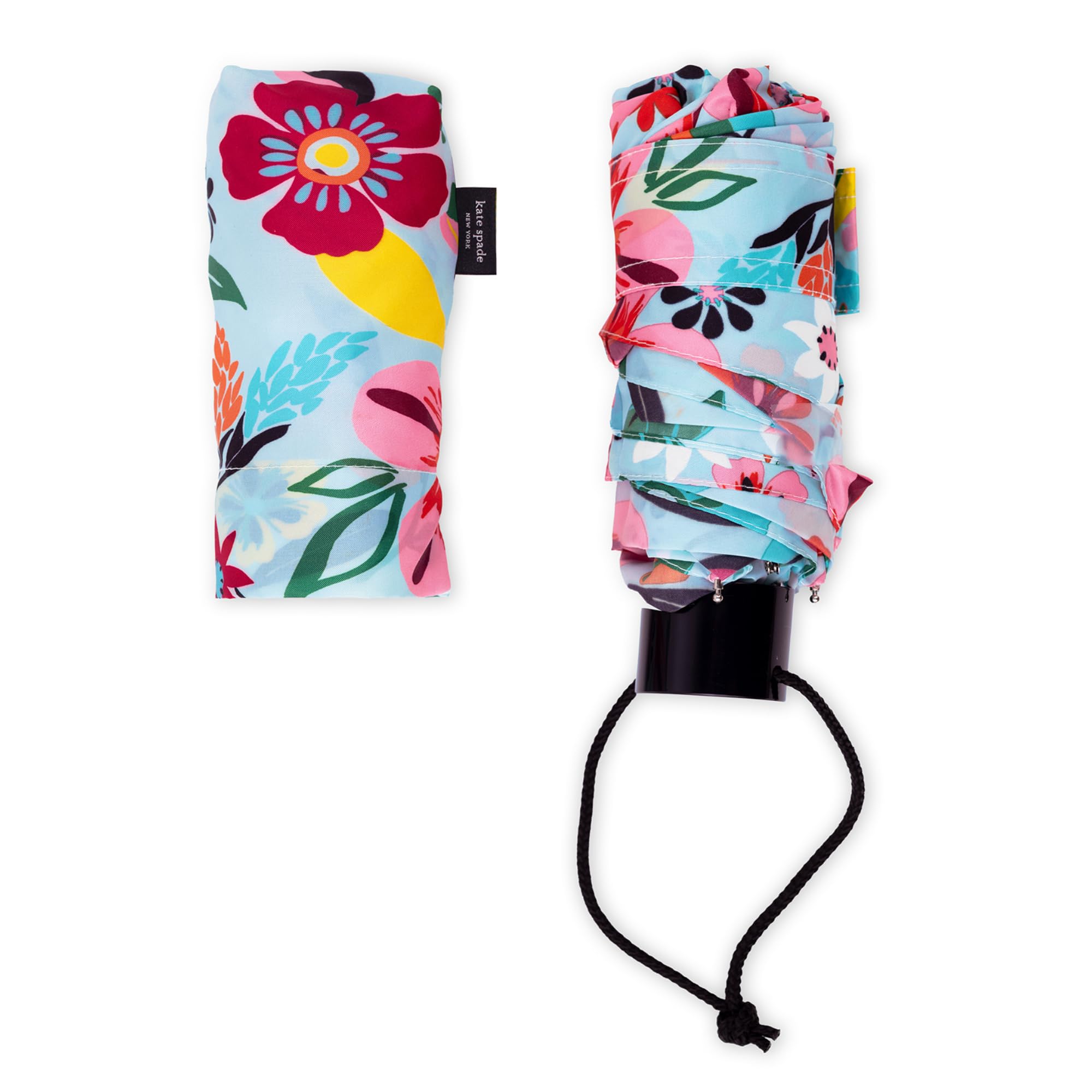 kate spade new york Mini paraguas, paraguas compacto con funda de almacenamiento, paraguas pequeño para mochila o coche (safari floral)