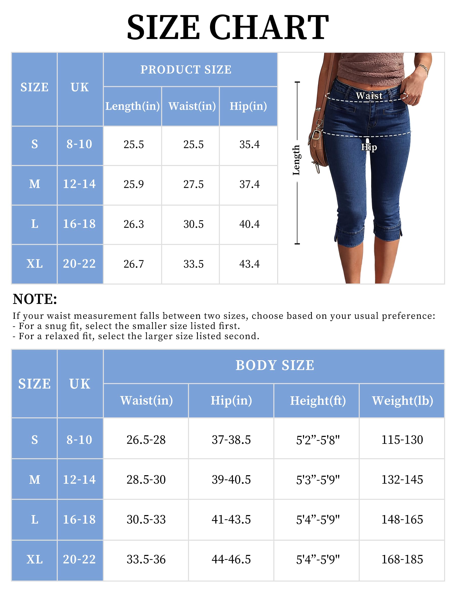 Fengbay Capri Jeans pour Femme Stretch Skinny Taille Basse Trois Quarts Pantalon en Jean Fente à l'ourlet Pantacourt décontracté d'été Pantalon 3/4 | Pantalon capri décontracté d'été 3/4 taille haute en coton doux avec poches pour femme
