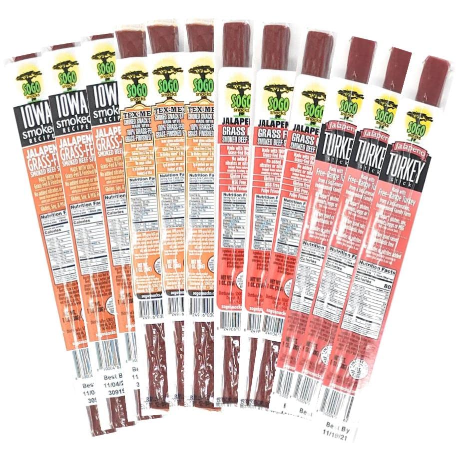 Spicy Variety Meat Sticks, Sogo Snacks, No Sugar, No Added Nitrates, Gluten, Soy, MSG, Dairy, Nuts. 3 100% Grass-fed/finished, Non-GMO, Beef Flavors. 1 Free-Range Turkey Flavor (18 of Each, 72-cnt, 1-oz)