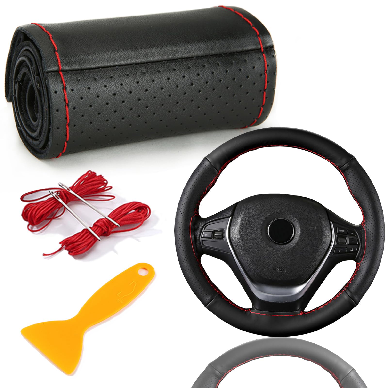 Echtes Leder Lenkradbezug, Lenkradbezug Zum Nähen, Lenkradbezug Leder Universal Passform 37-39 cm Autolenkräder, Zweifarbiger Lenkradbezug aus Leder (Rote Linie, Schwarz)