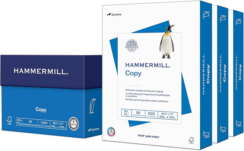 Papel para impresora Hammermill, papel de copia de 20 lb, resma de 8,5 x 11-3 (1500 hojas) - 92 brillante, fabricado en los EE. UU.