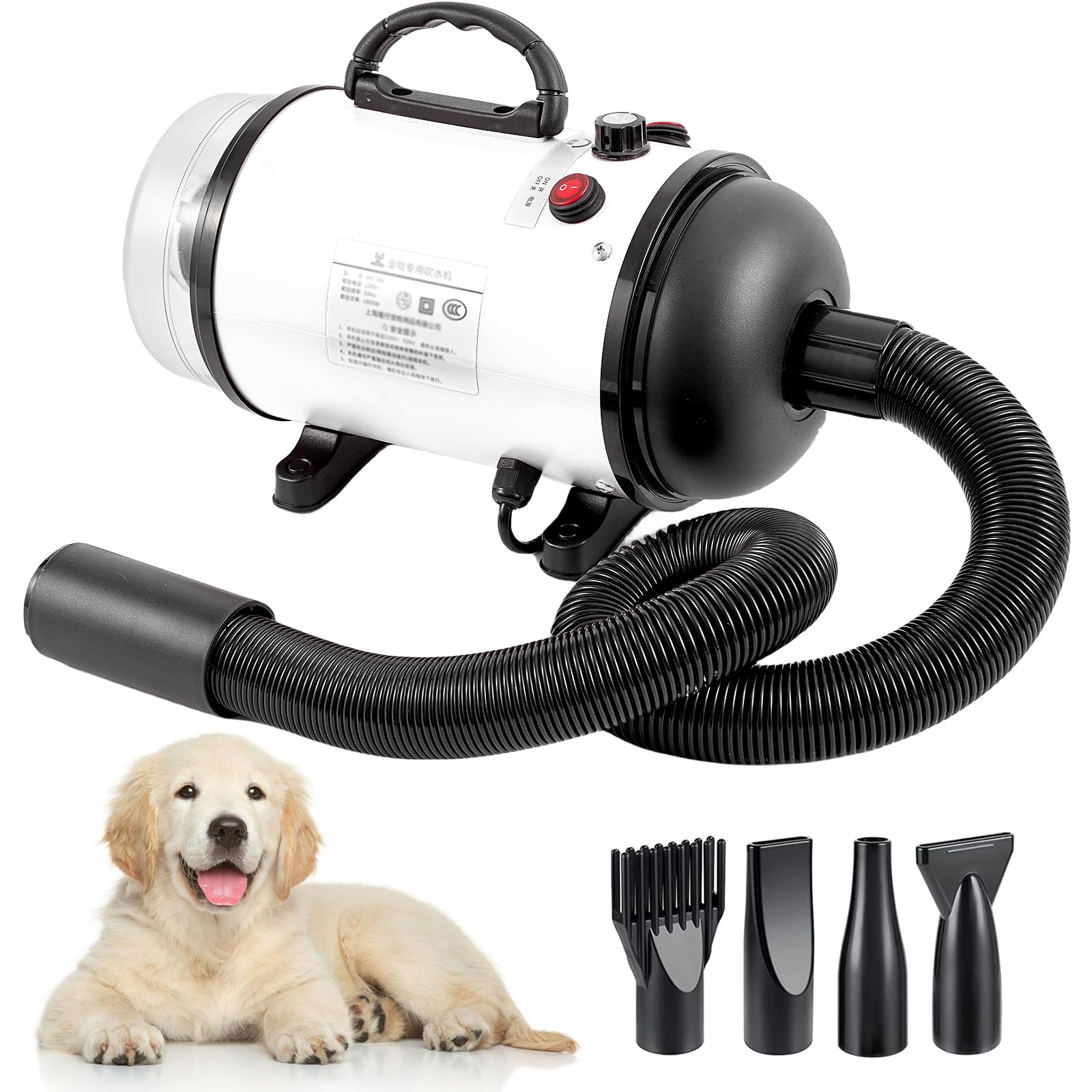 Memows Secador de Pelo para Perros, Secador Pelo Profesional para Perro de 2800W, Secador de Pelo para Mascotas, Secadora para Perros Velocidad y Calor Ajustables, Secadores para Perro con 4 boquillas
