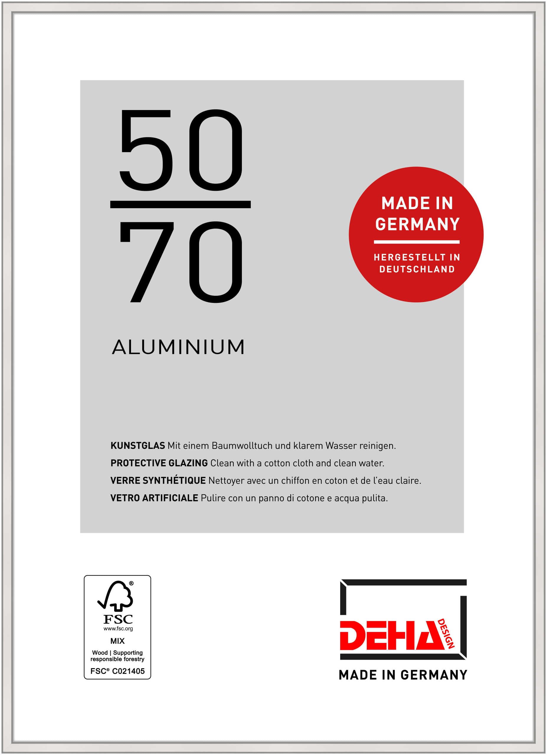 DEHA Design Boston Aluminium Picture Frame - 50x70 cm – Silver - with Synthetic Glass and Push/Turn Clips