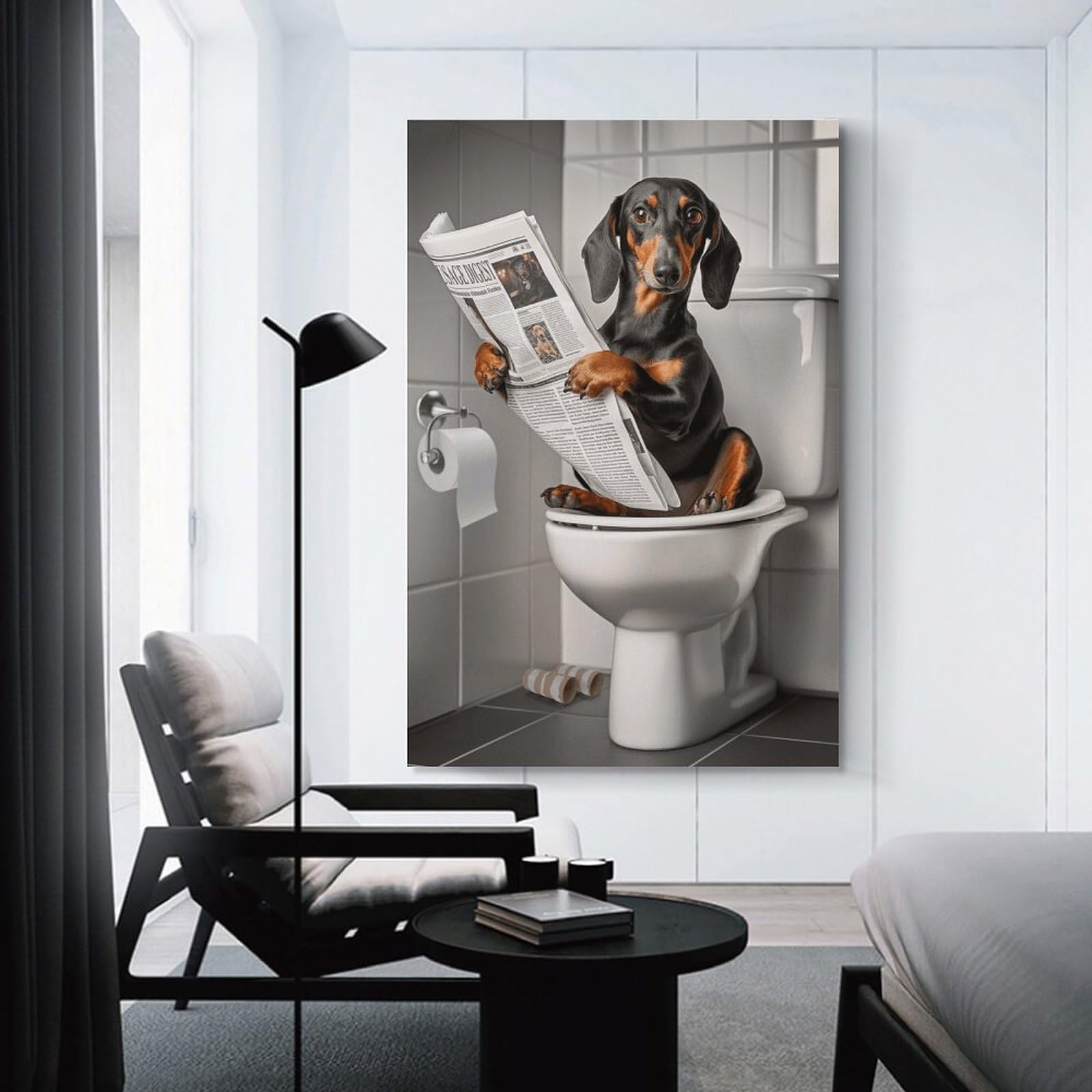 Junmoney Unframe-Style-13 Decorative Wall Artwork Dog Reading Newspaper On Toilet, 20X30inch(50X75cm), For New Homes, Bedrooms Or Workspaces, Canvas Artwork With Gifting Potential
