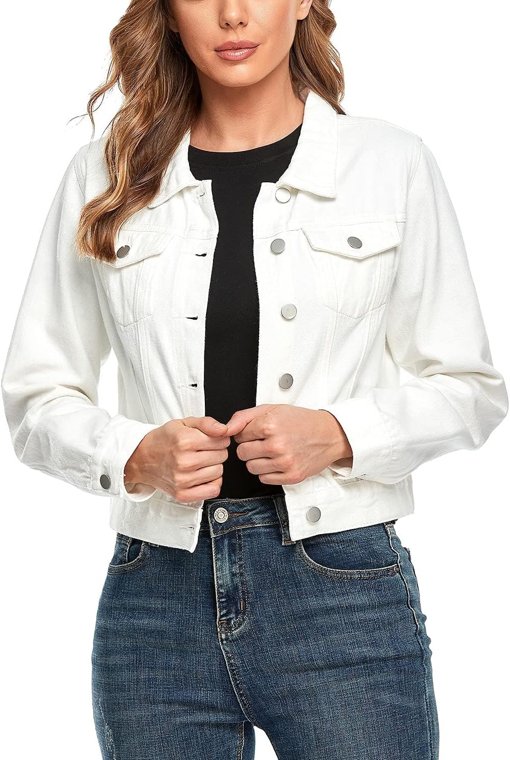 andy & natalie Women’s Denim Jackets Cropped Long Sleeve Basic Button Down Crop Jean Shacket with Pockets