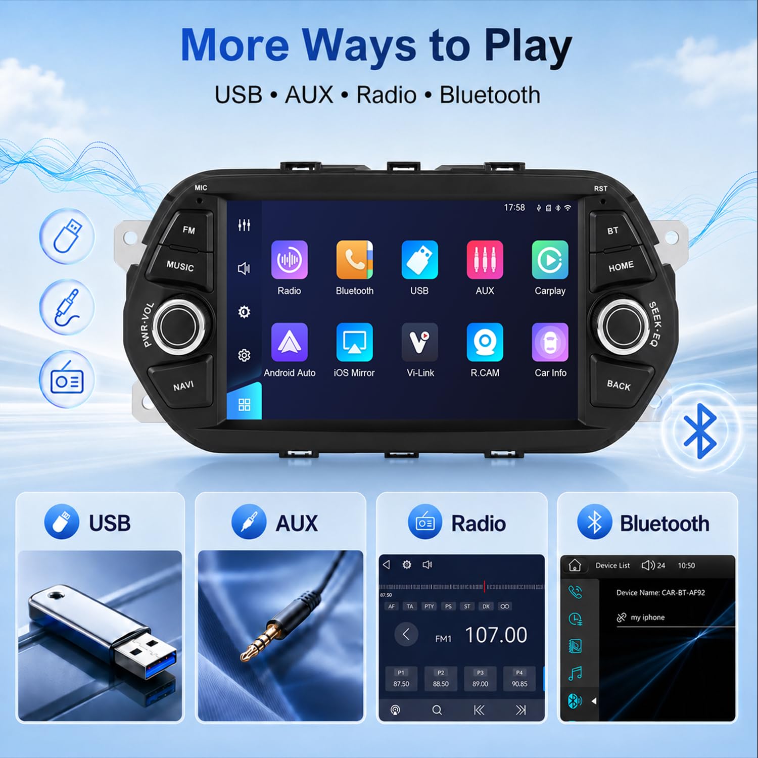 Linux radio samochodowe do FIAT Tipo/Egea (2015-2017) z CarPlay i Android Auto | 7-calowy wyświetlacz HD, Plug & Play, Bluetooth, FM/AM/RDS/USB/DSP