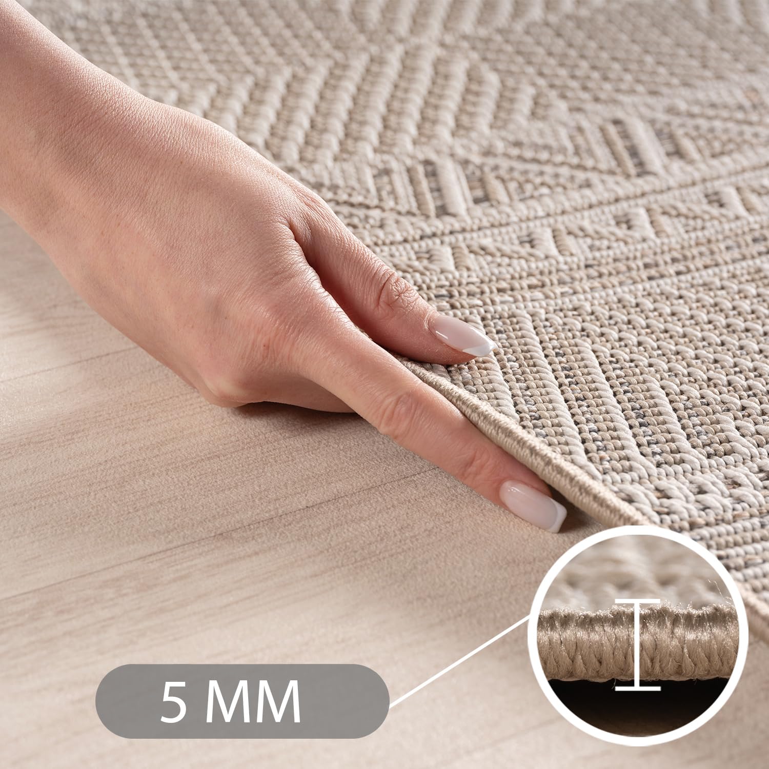 Carpettex Dywan zewnętrzny okrągły 200 cm bezowy, Odporny na Warunki Pogodowe i Promieniowanie UV, Dywan Ogród Taras Salon Jadalnia Wnêtrze Zewnêtrze, Styl Skandi Boho łatwy