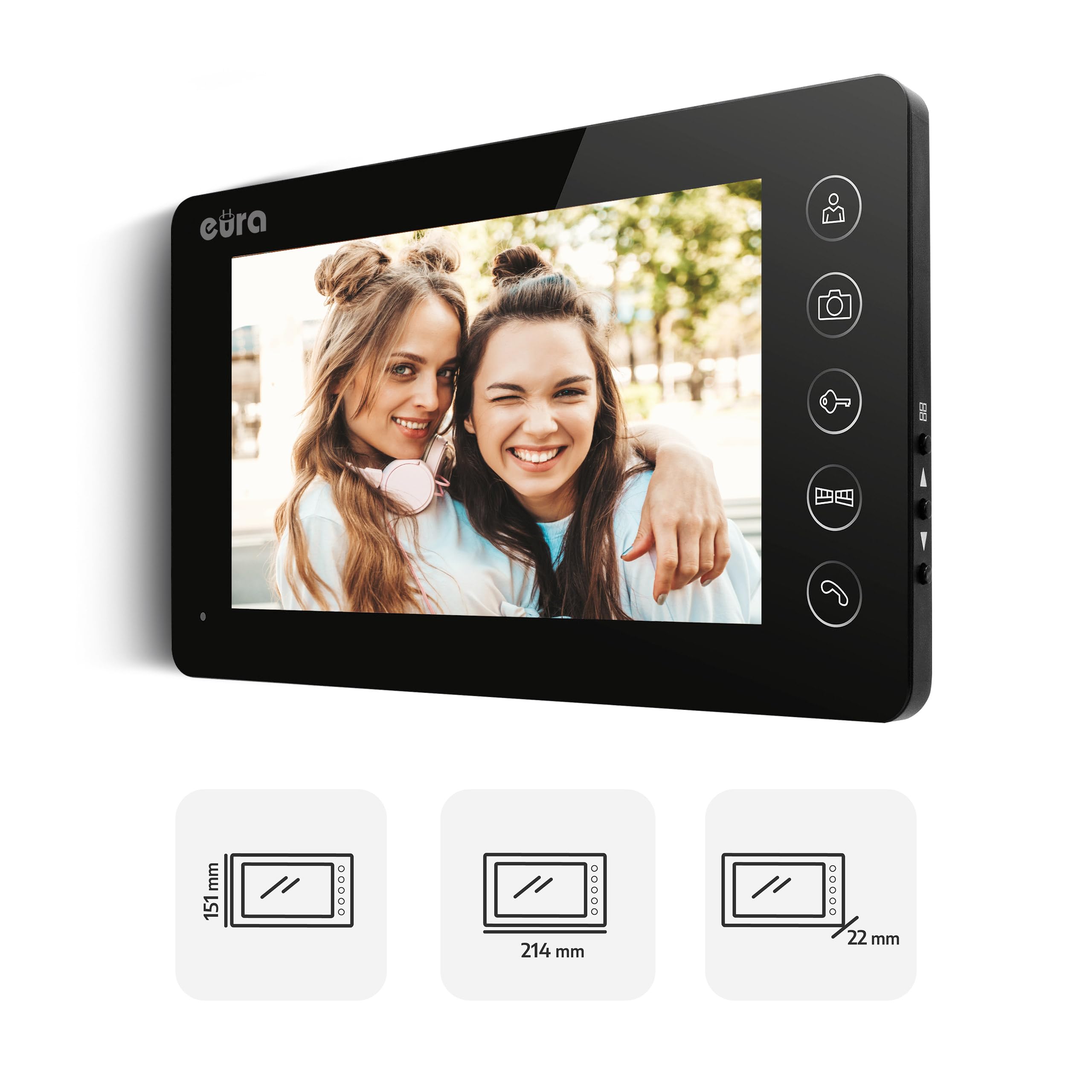 Interphone vidéo Eura VDP-76A3 Alpha interphone 4 fils, moniteur couleur 7 pouces, RFID, mémoire d'images, 2 entrées, Noir